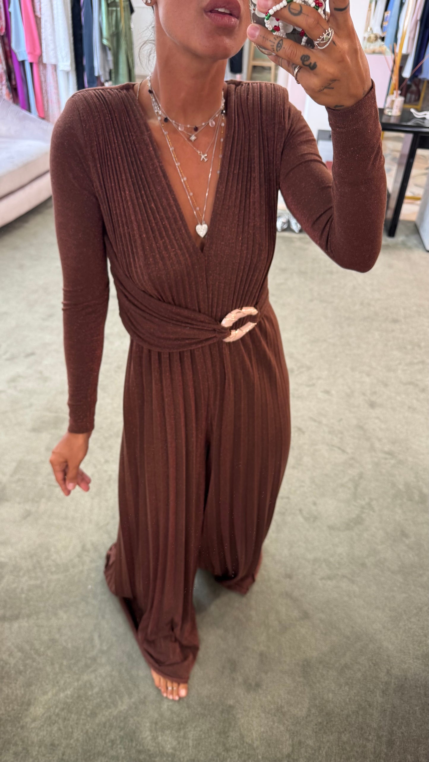 Jumpsuit marrone lurex plisse’ in maglia  fr