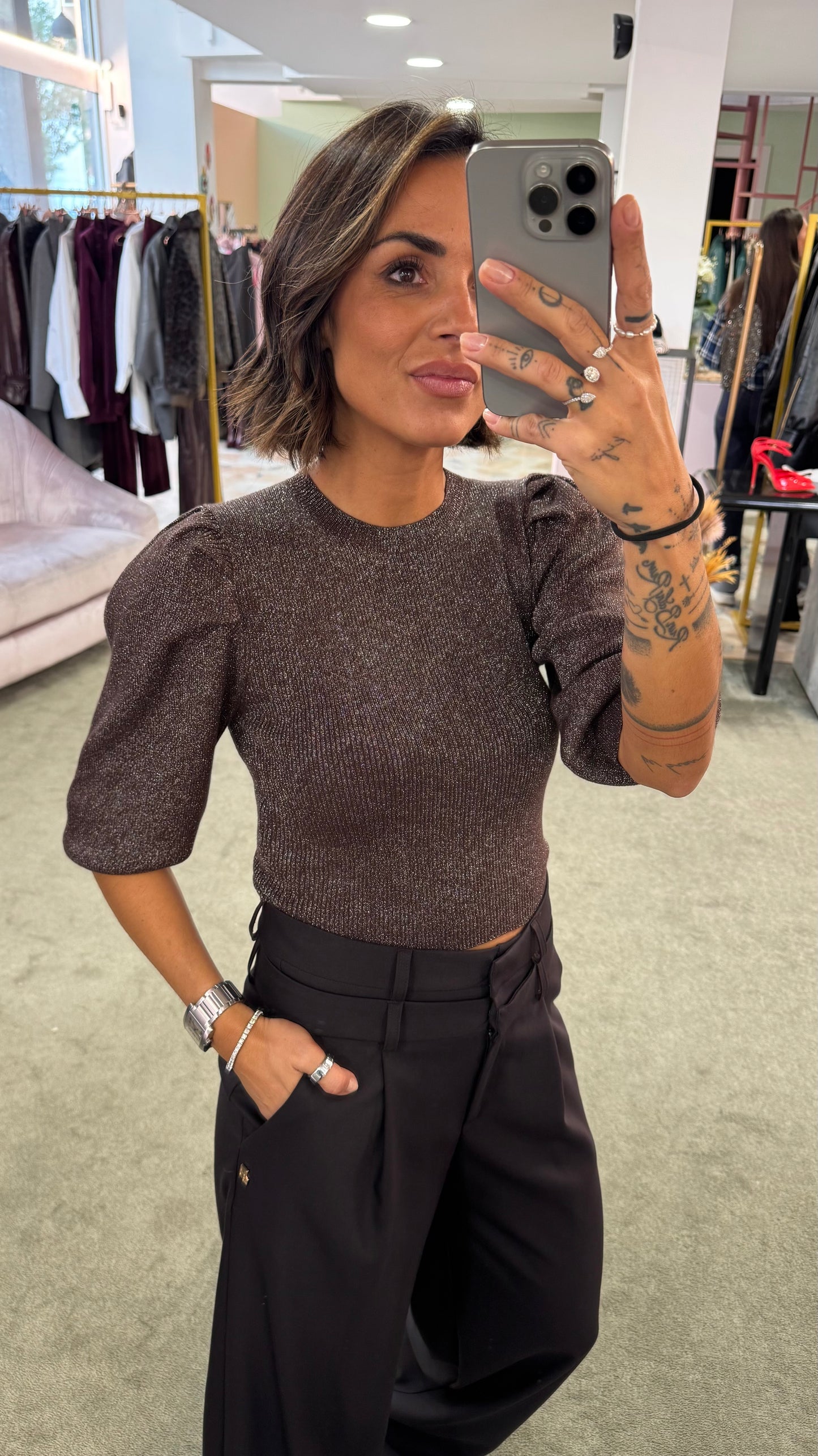 Maglia marrone lurex maniche a sbuffo gl