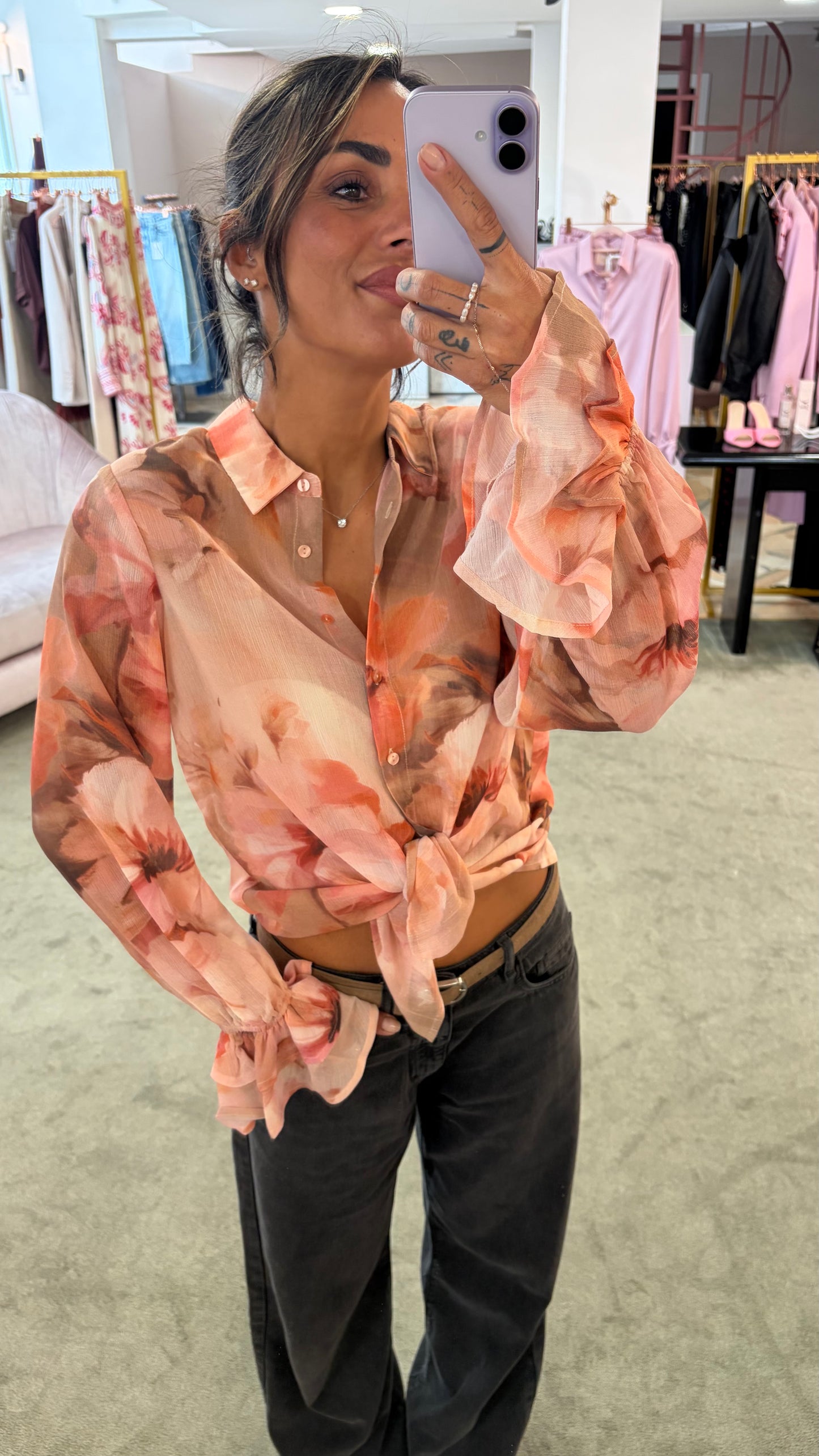 Camicia carmen pesca con fiori sy