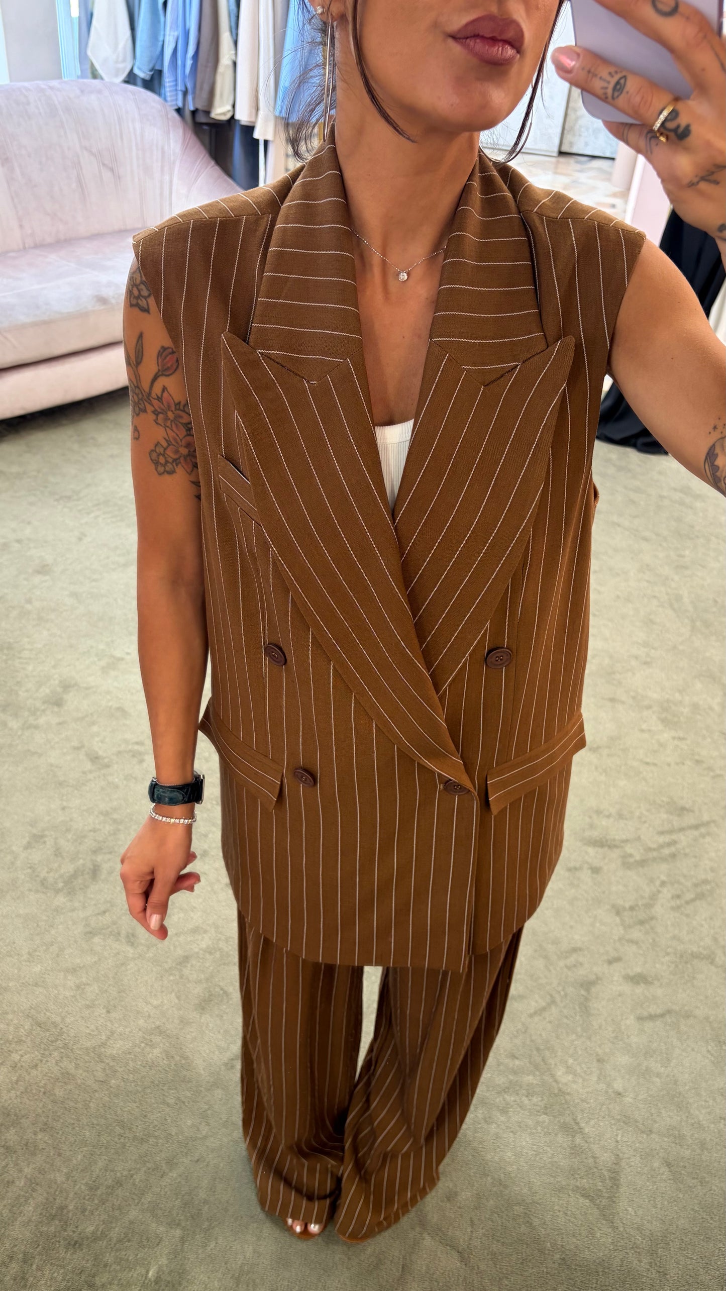 Gilet over doppiopetto liquirizia gessato in lino Hinnominate