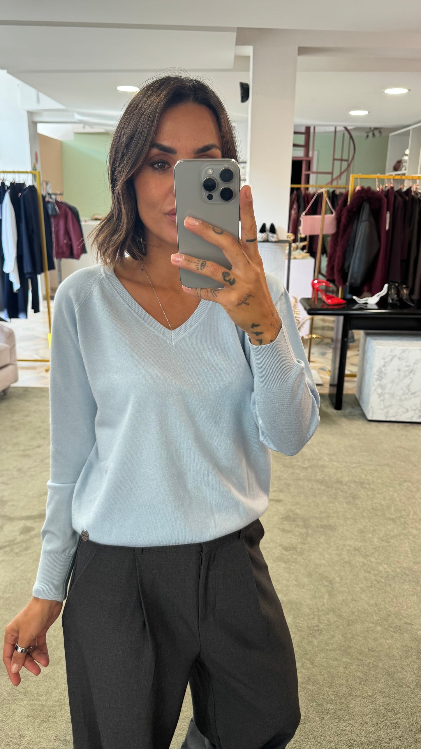 Maglione scollo a v azzurro tk