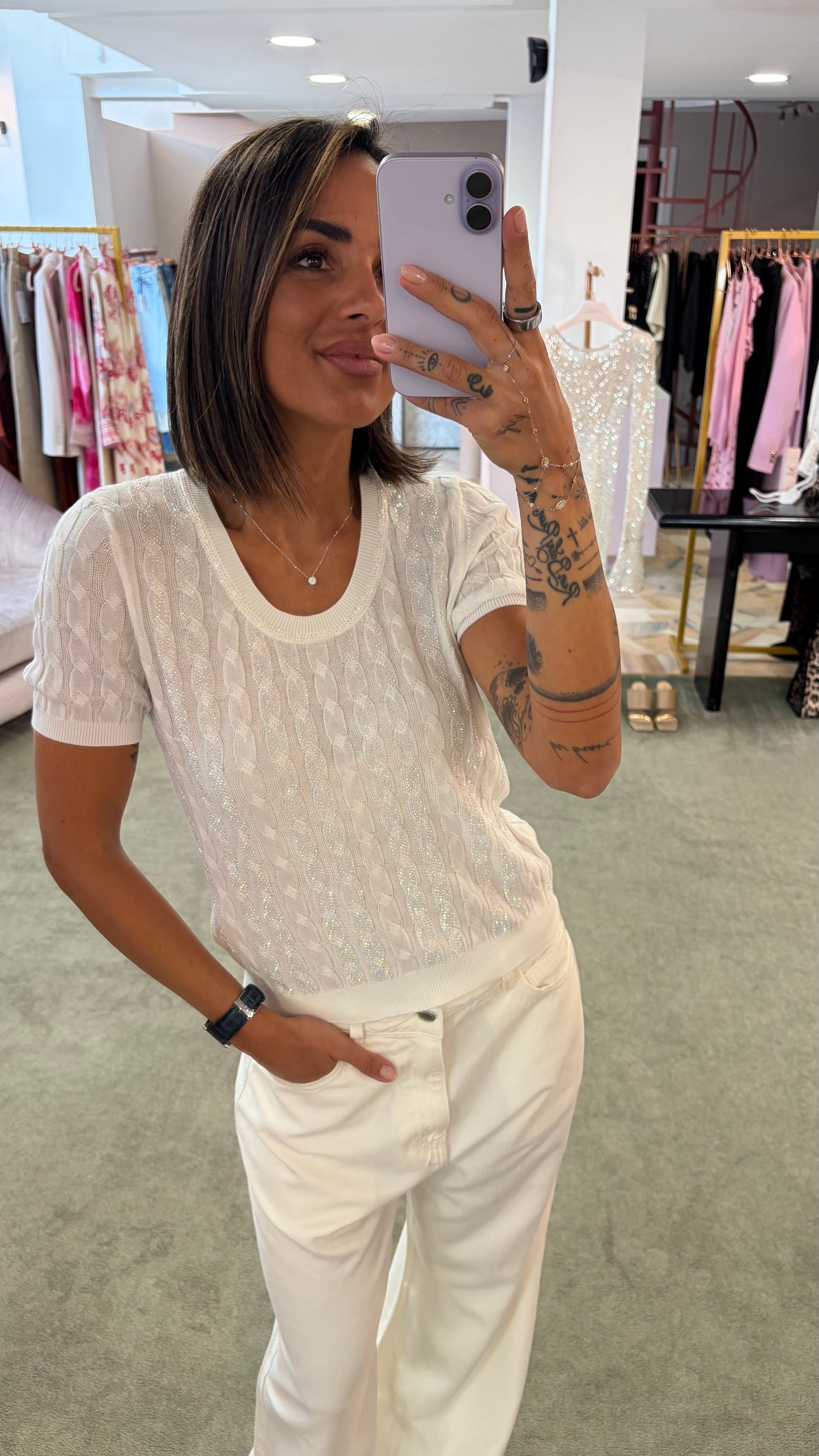 Maglia bianca manica corta a trecce crystal fr