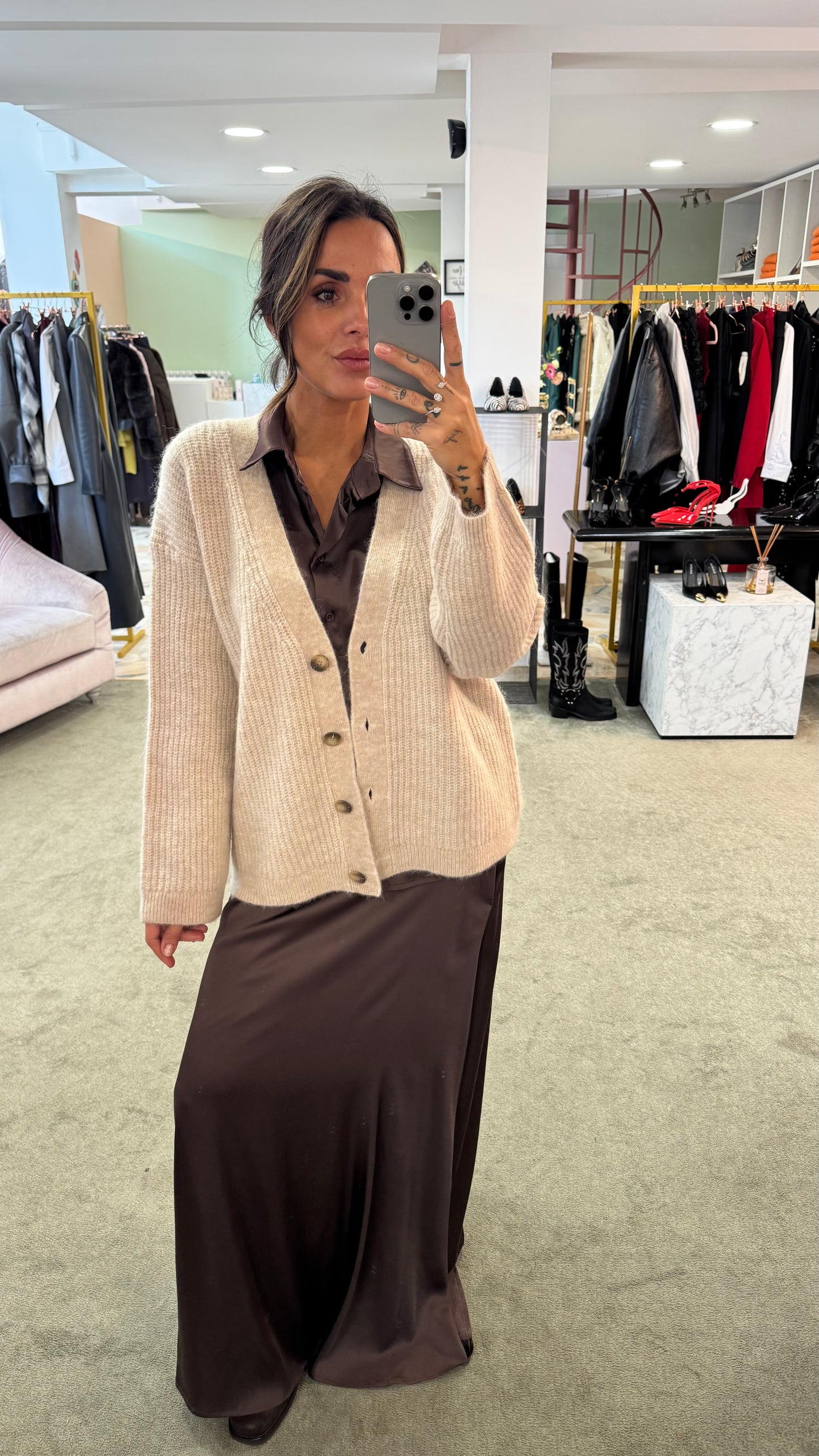 Cardigan over beige melange maglia inglese sl