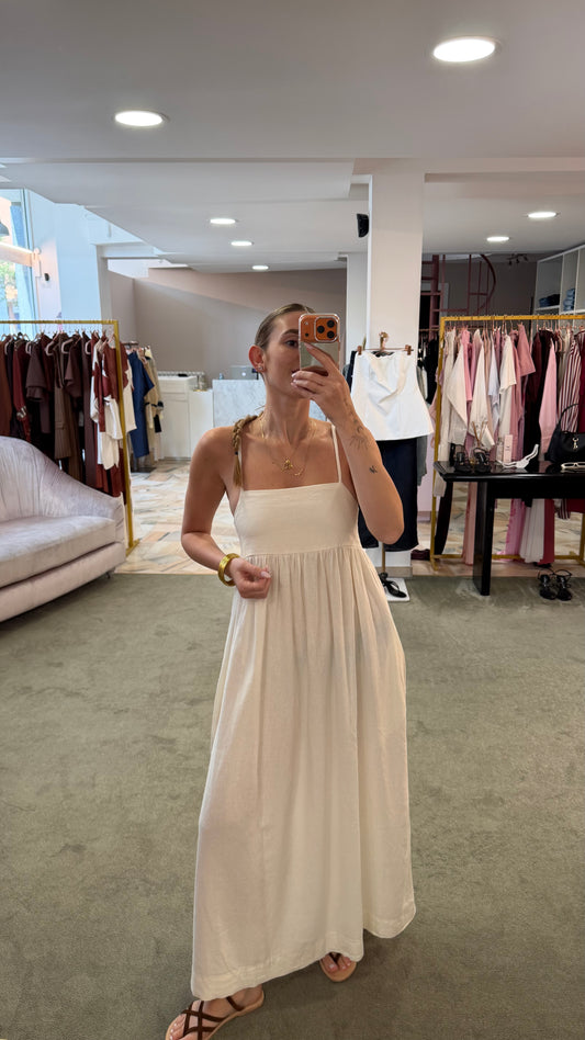 Abito midi bianco latte in viscosa e lino jx