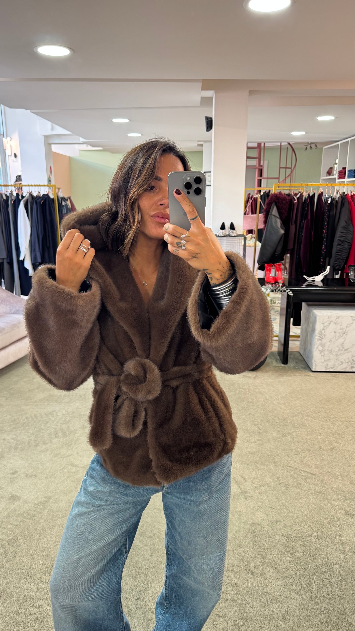 Pelliccia eco marrone luxury con cappuccio ys