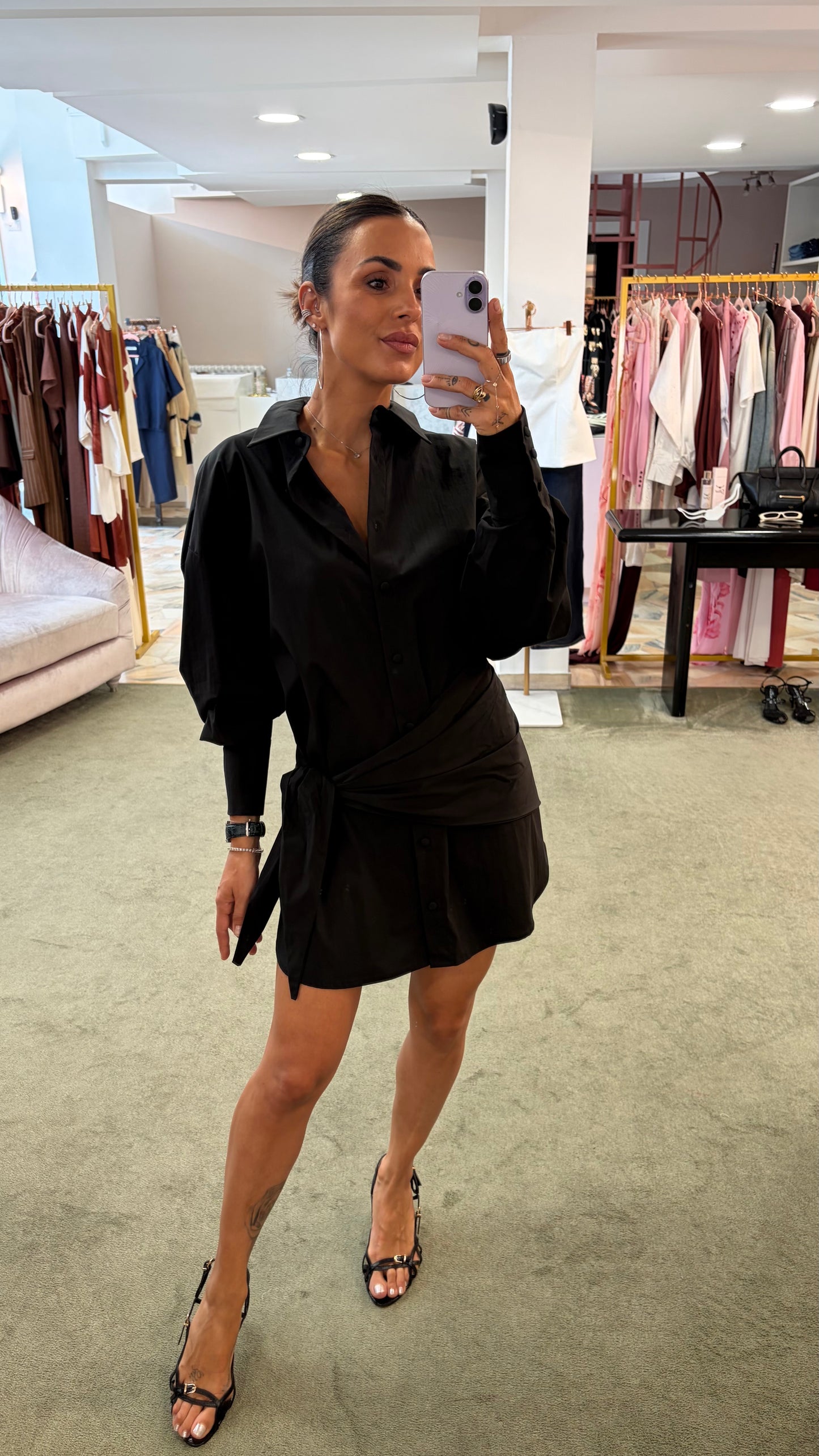 Abito camicia nero con pareo in popeline ks