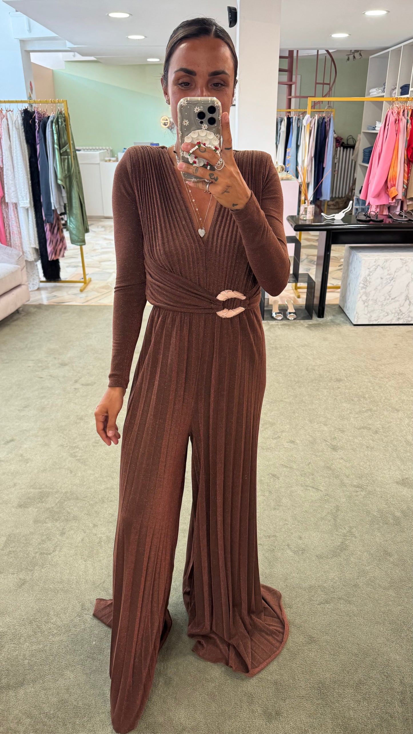 Jumpsuit marrone lurex plisse’ in maglia  fr