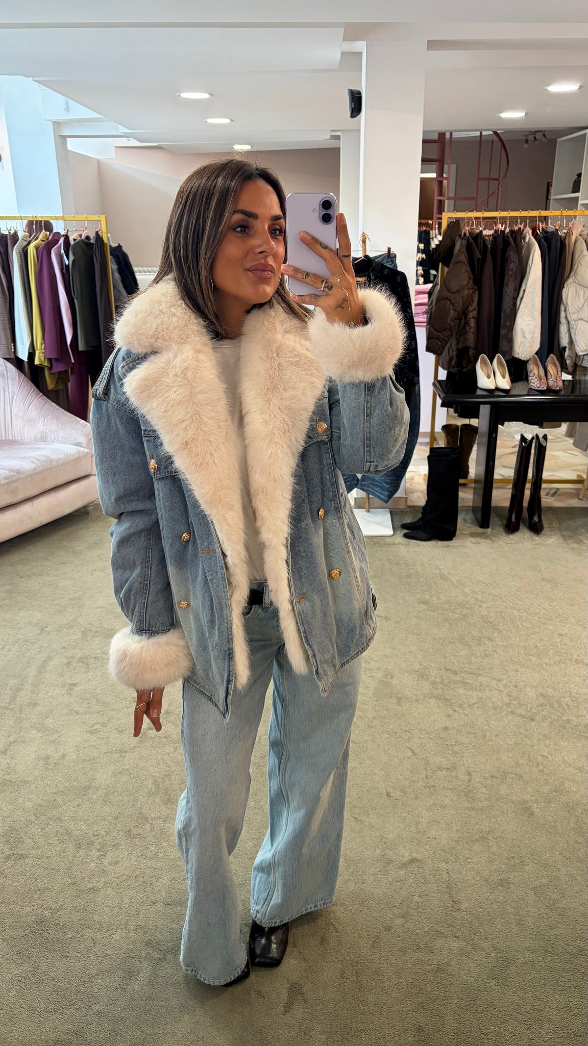 Giacca in denim con ecopelliccia panna fr