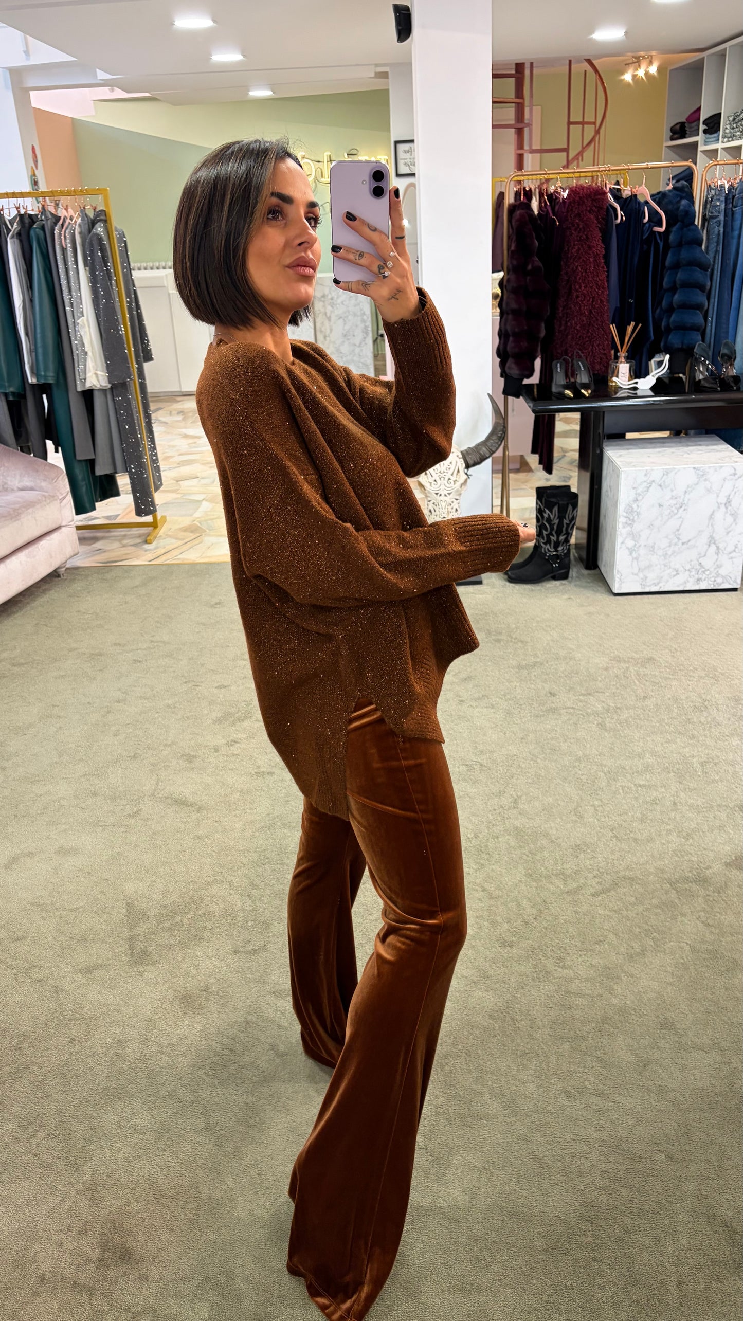 Maglione over marrone con micropaillettes bj