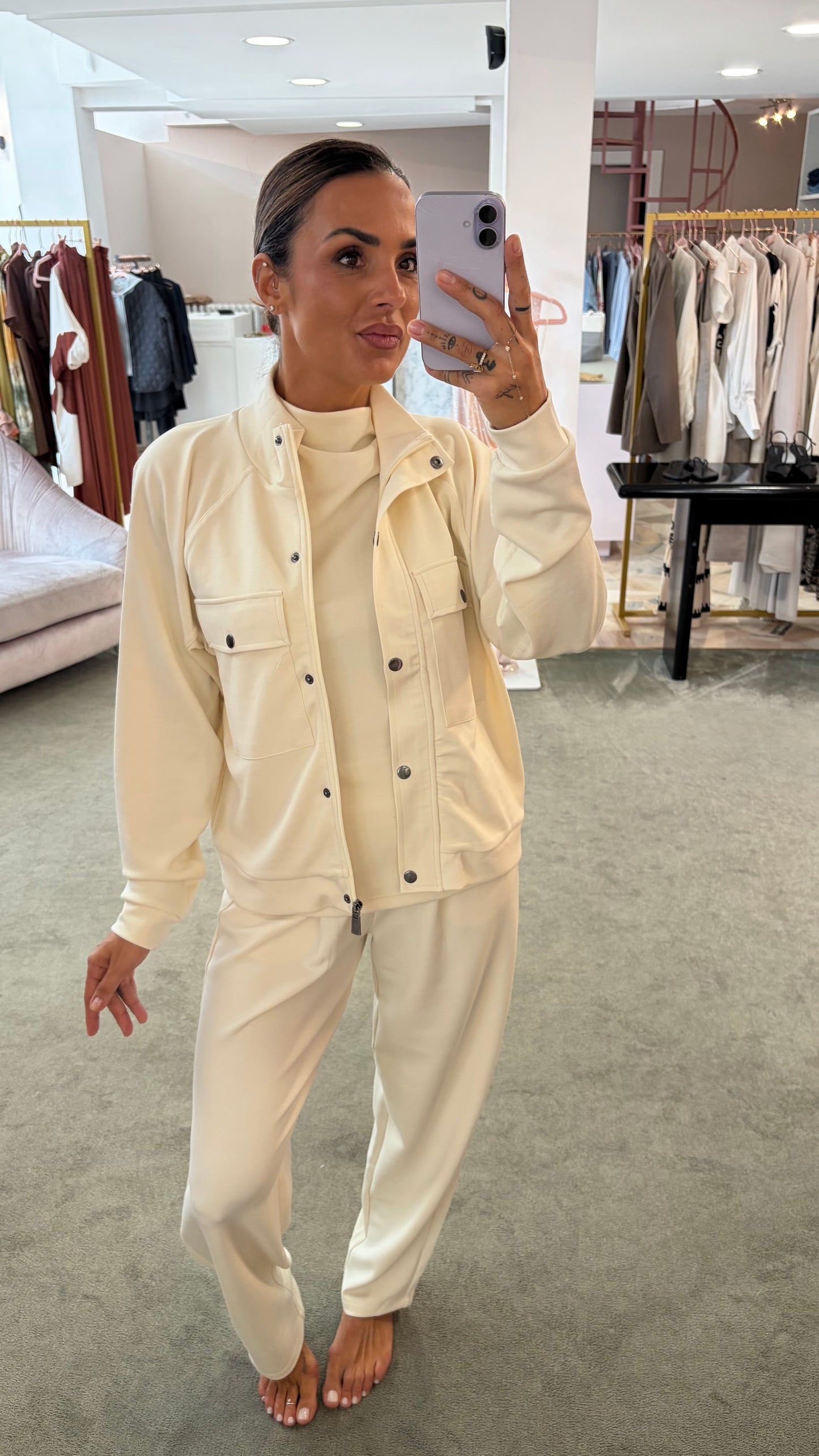 Felpa con zip panna in modal sy