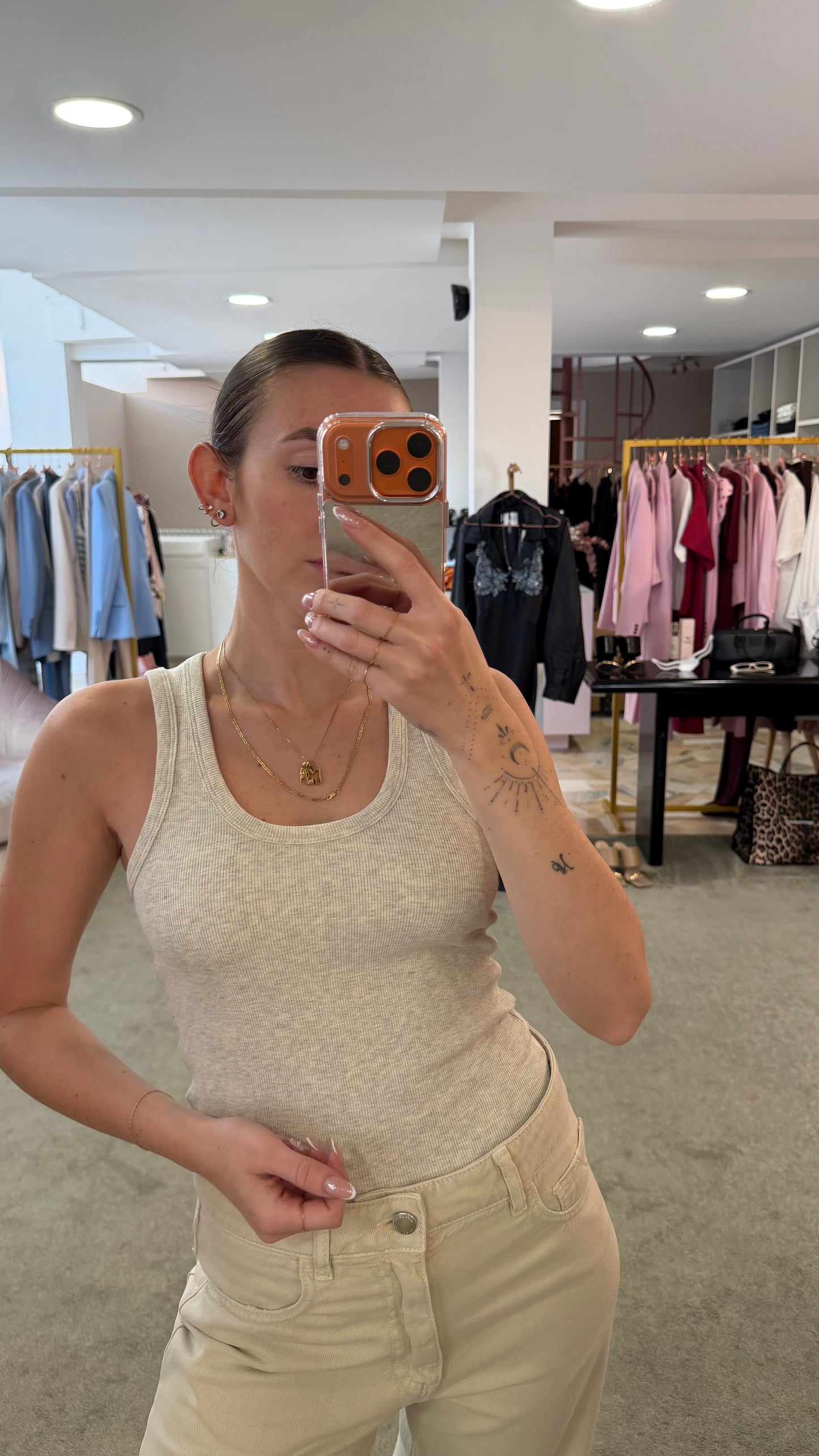 Canotta beige melange a costine scollo tondo jx