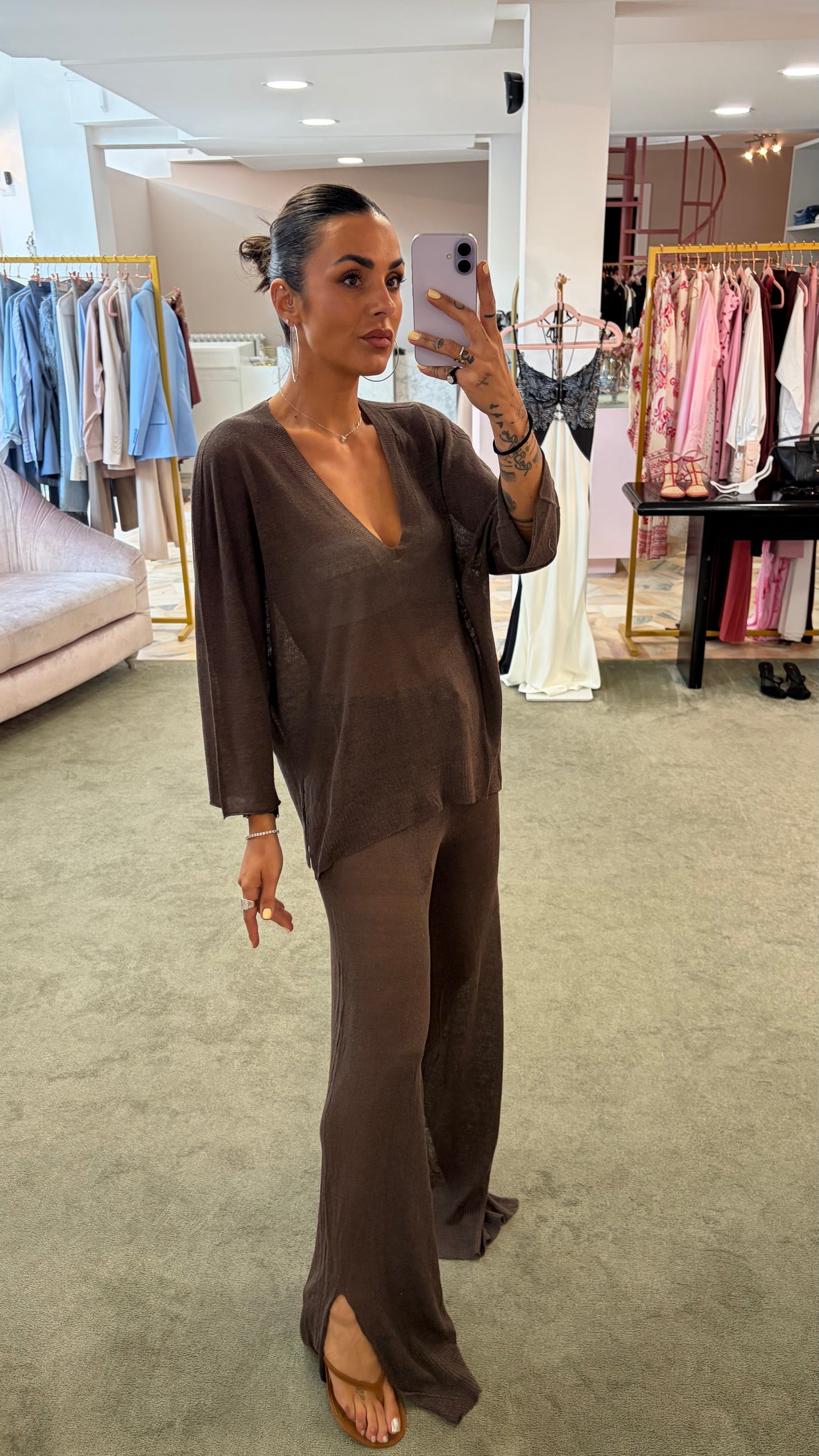 Pantaloni marrone cacao in lino fy