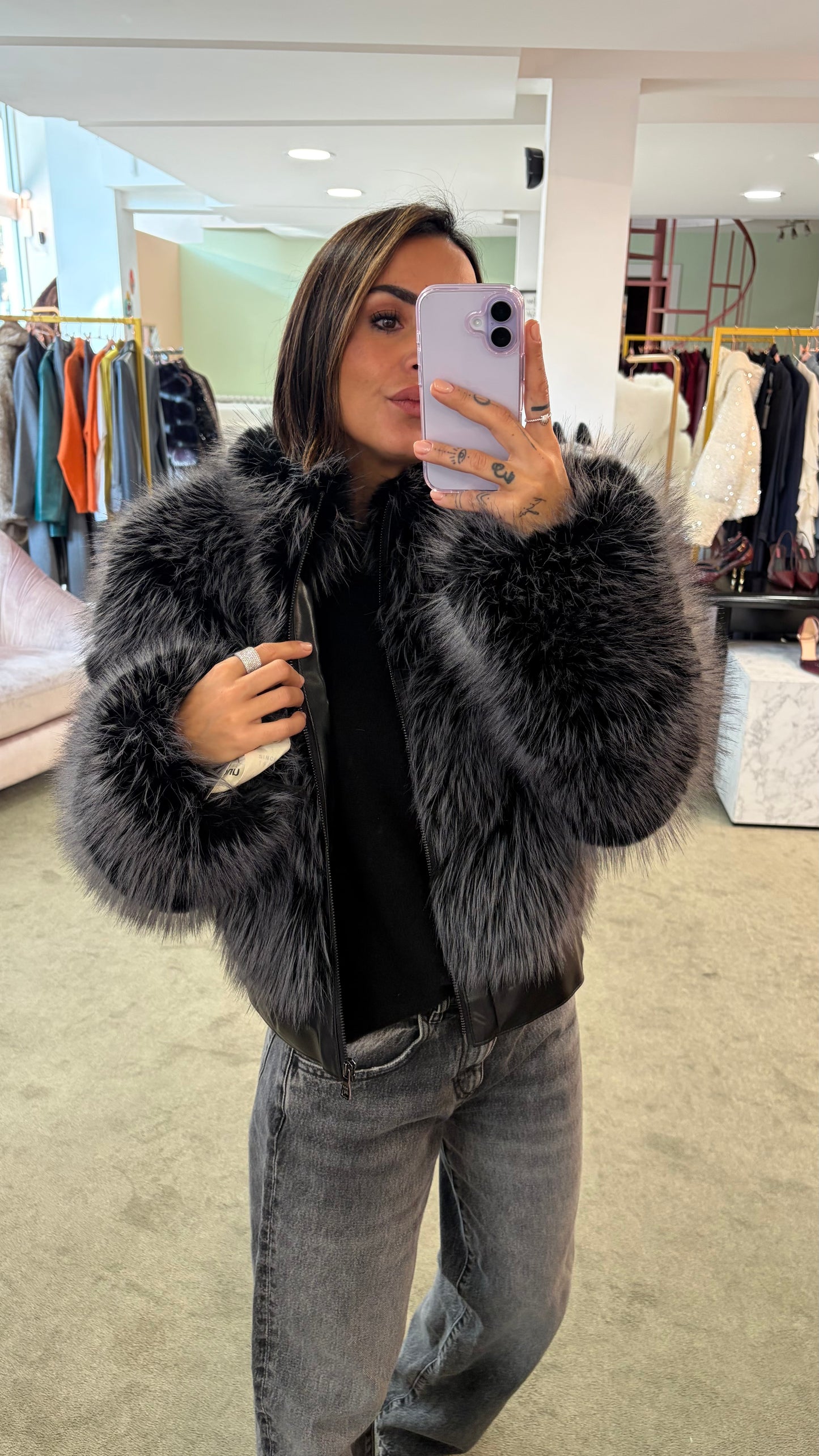 Bomber in pelliccia eco grigio luxury effetto fox un