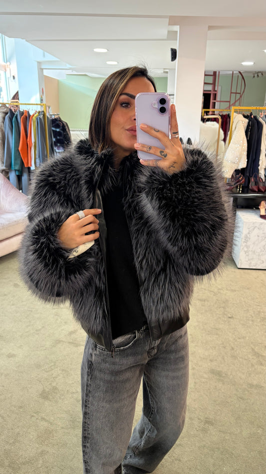 Bomber in pelliccia eco grigio luxury effetto fox un