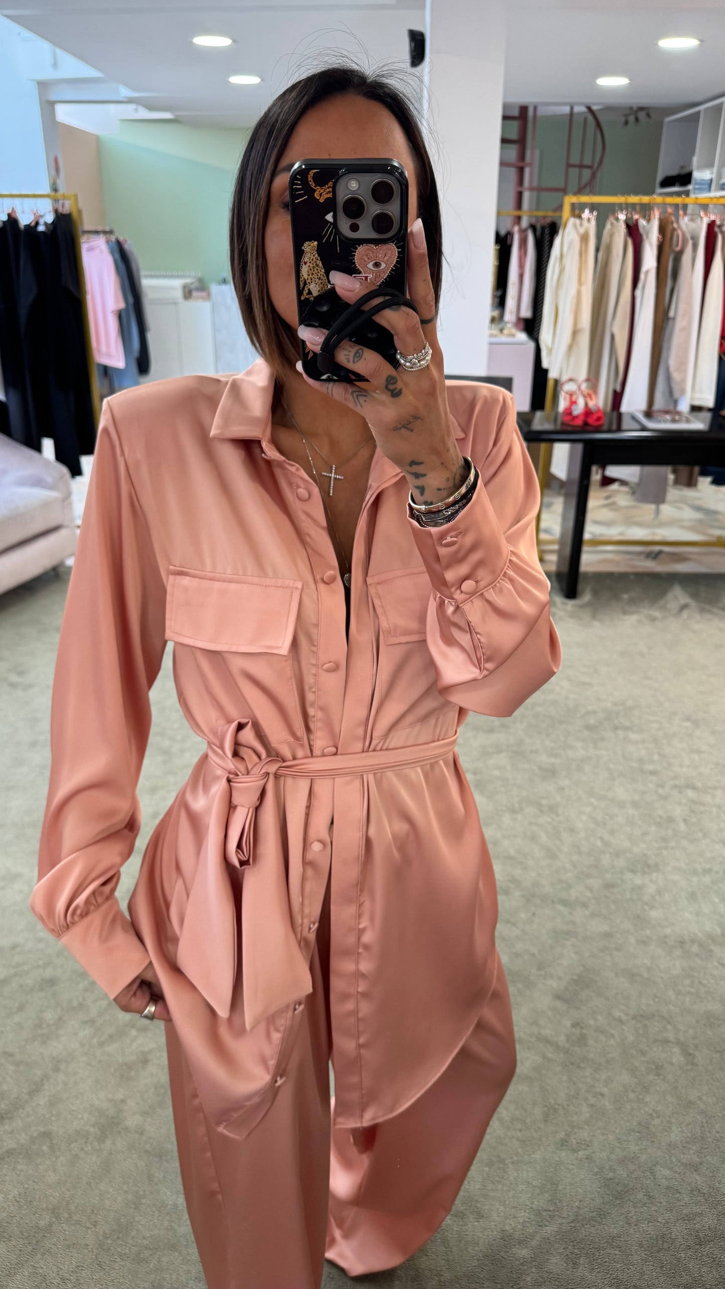 Maxi blusa rosa pesca con cintura in satin ks