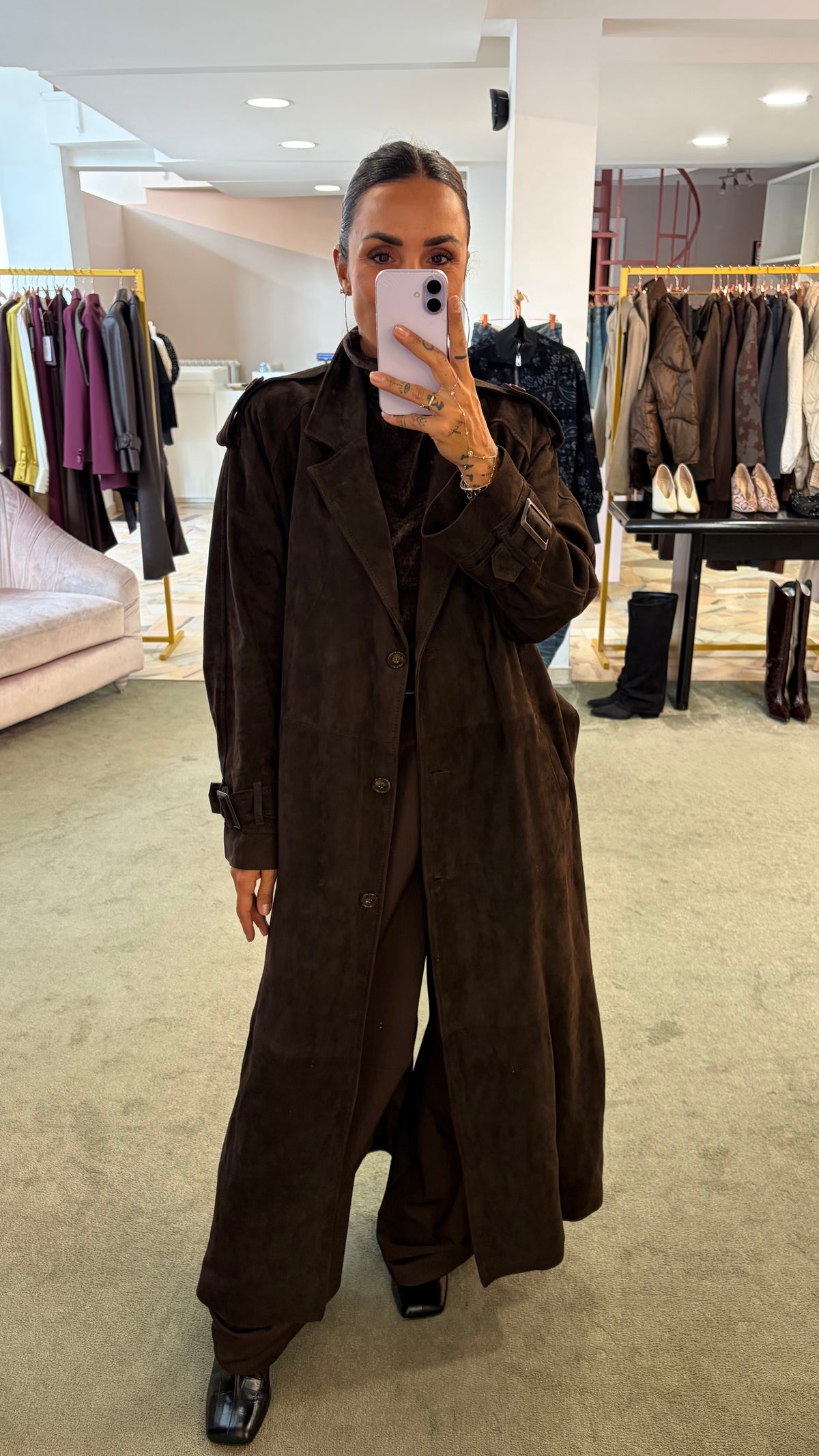 Trench marrone testa di moro lungo con cintura in pelle scamosciata Marsem