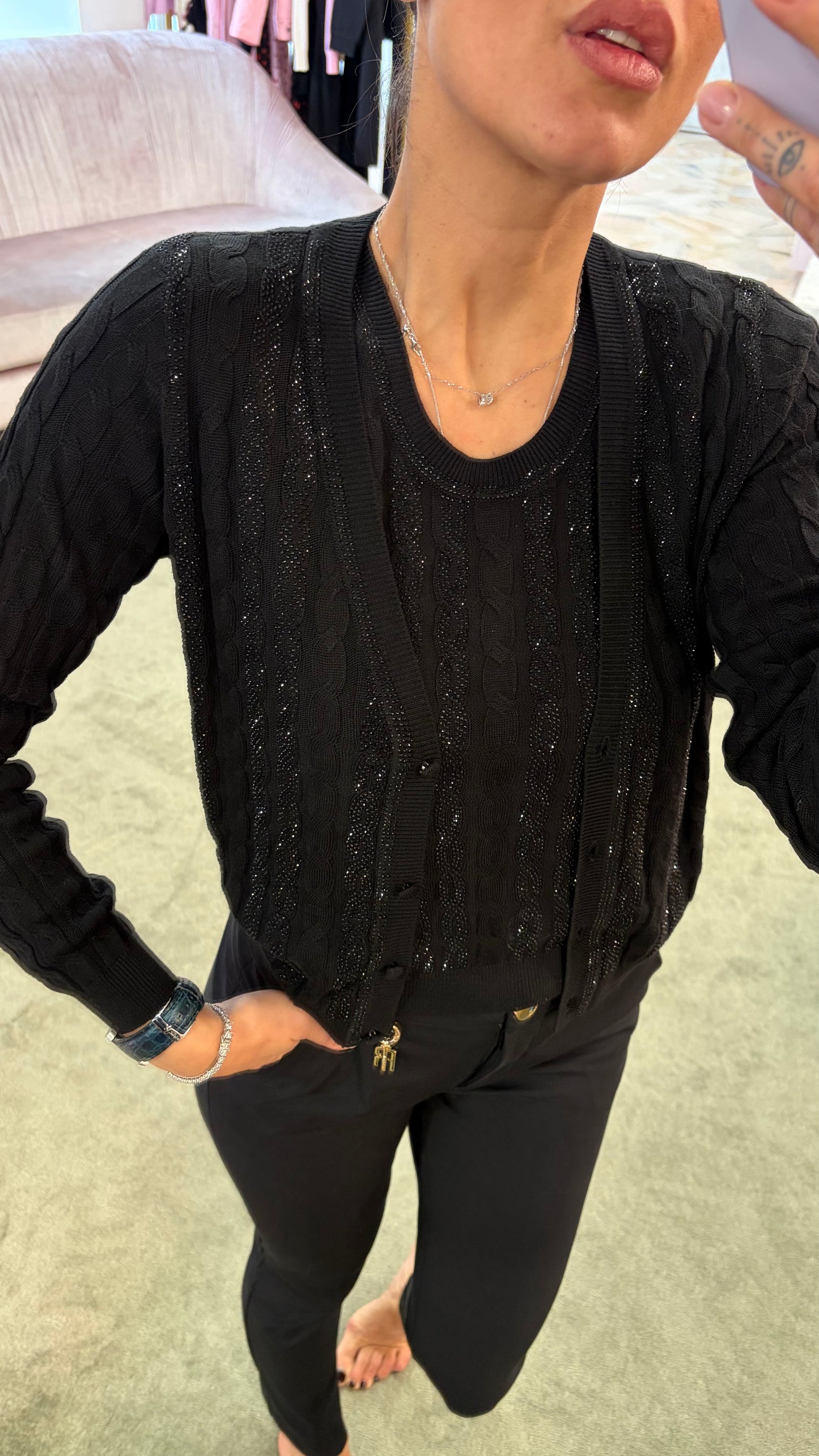 Cardigan nero a trecce crystal fr