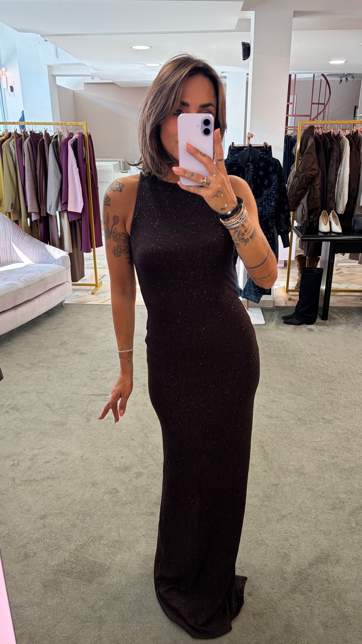 Abito lungo marrone lurex scollo all'americana ks