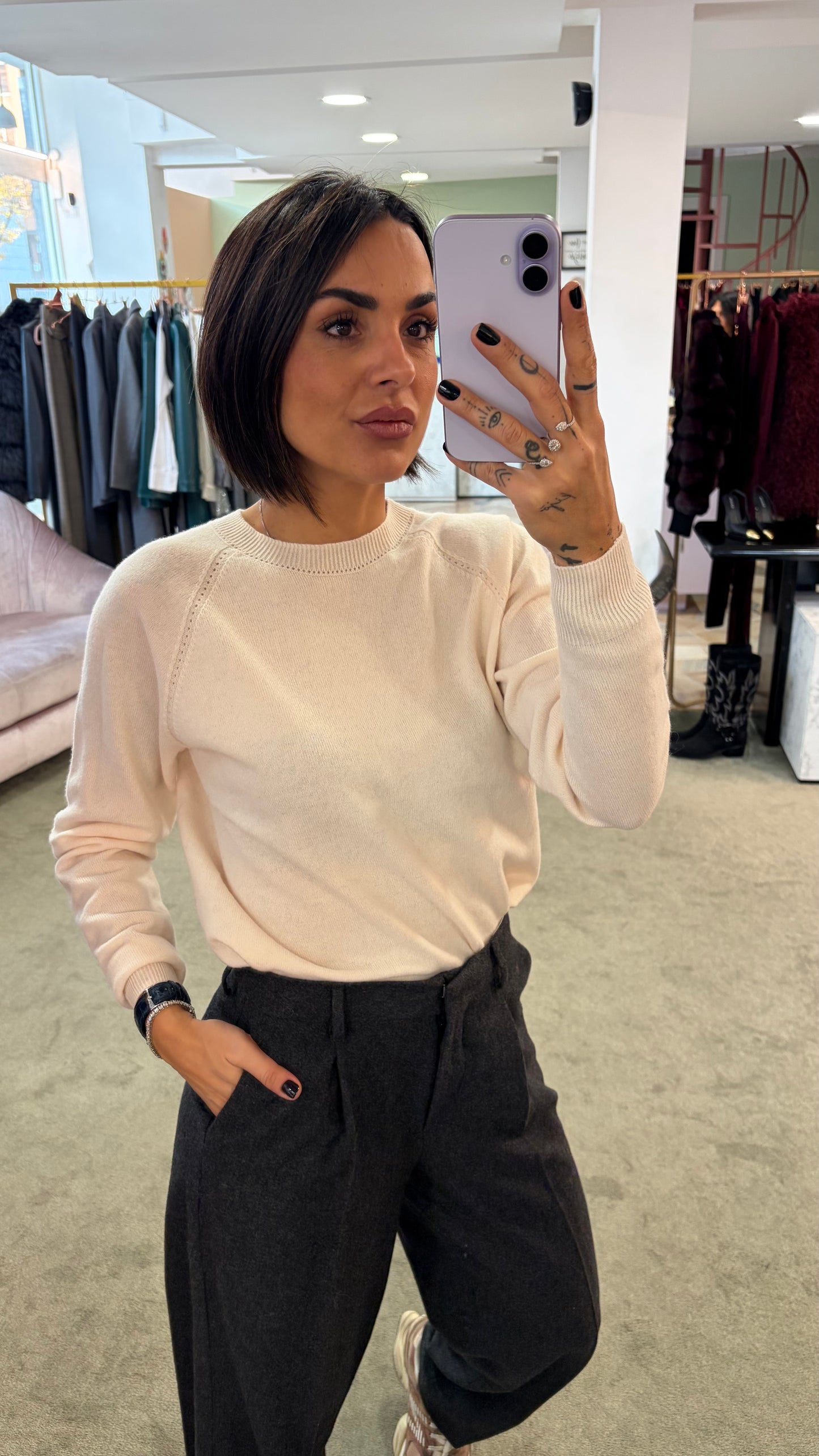 Maglione girocollo crema manica raglan fr