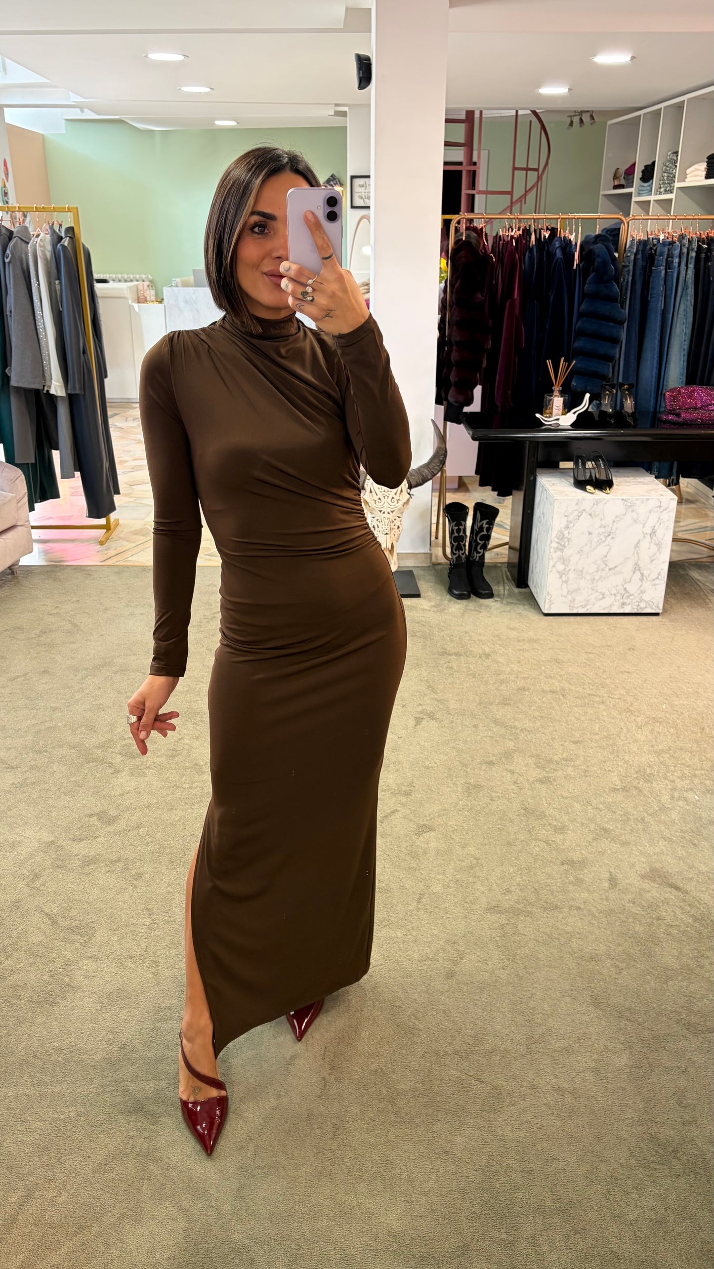 Abito lupetto tubino moka con arricciature gl