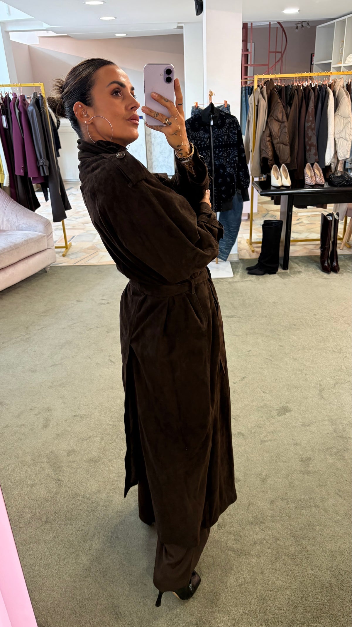 Trench marrone testa di moro lungo con cintura in pelle scamosciata Marsem