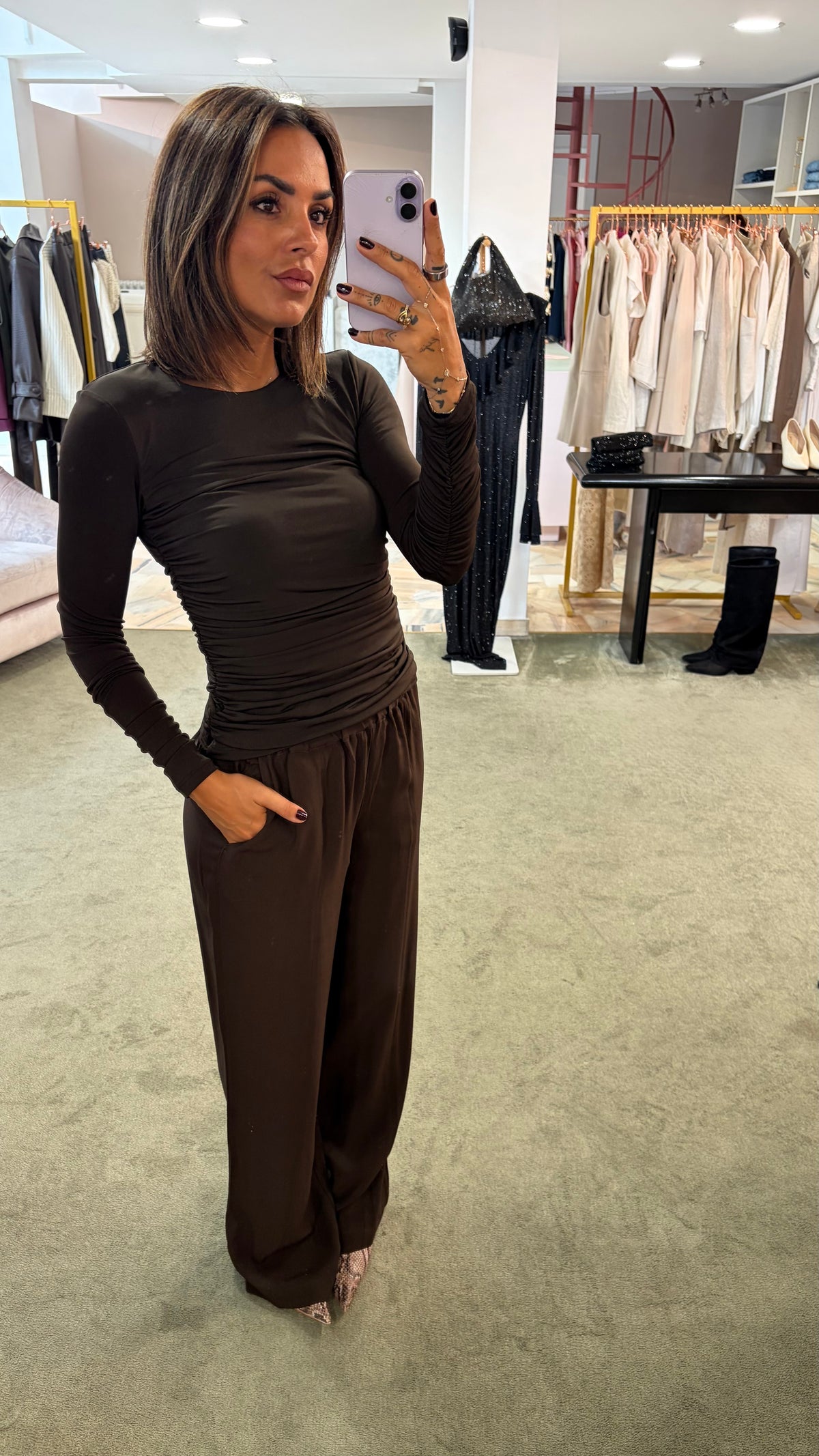 Pantaloni office marroni con elastico in vita sl