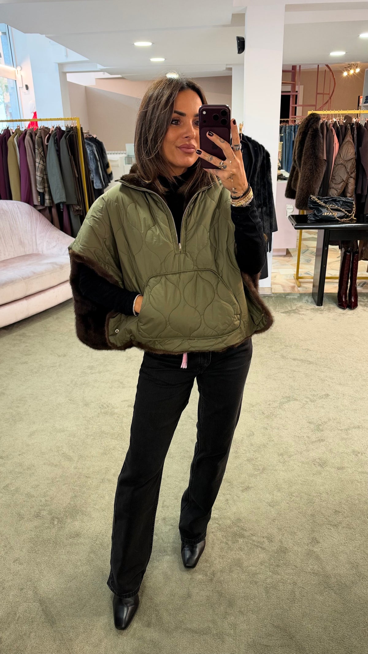 Cappa verde militare reversibile con eco pelliccia marrone sp