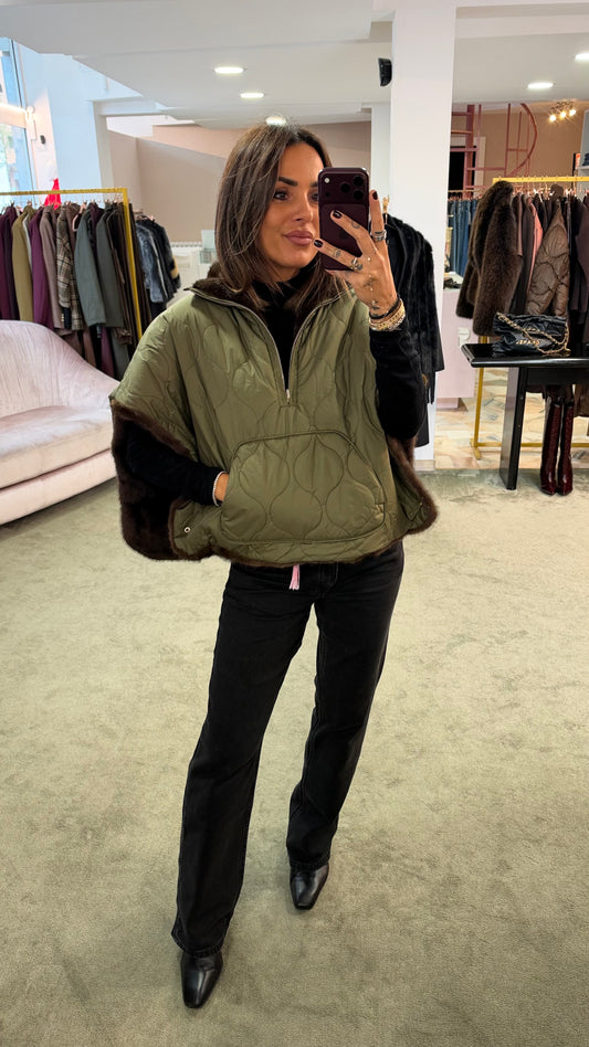 Cappa verde militare reversibile con eco pelliccia marrone sp