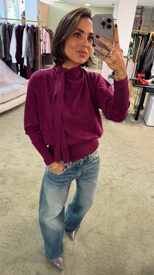 Maglione prugna scollo a v dietro con fiocco lh