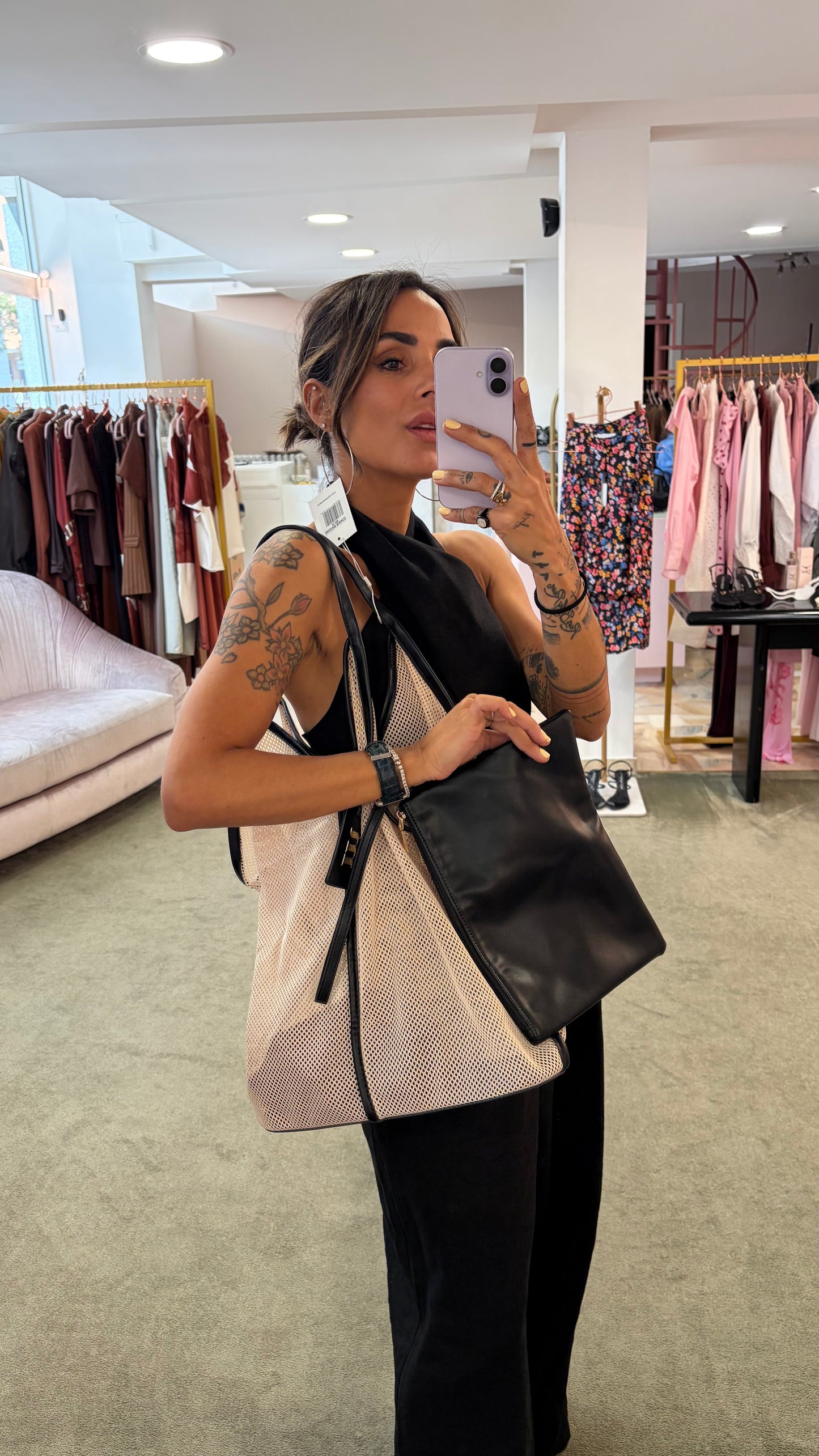 Borsa grande panna e nera a rete Matinée