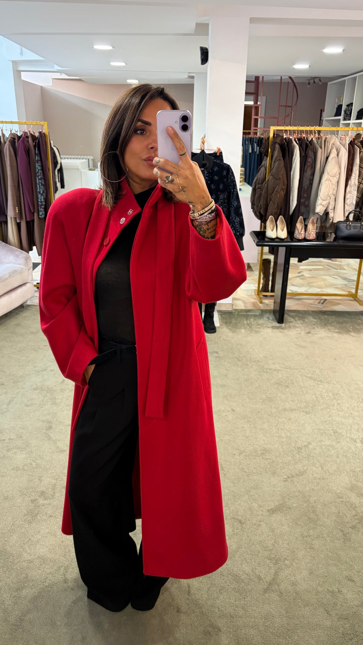 Cappotto lungo rosso con cintura Actualee