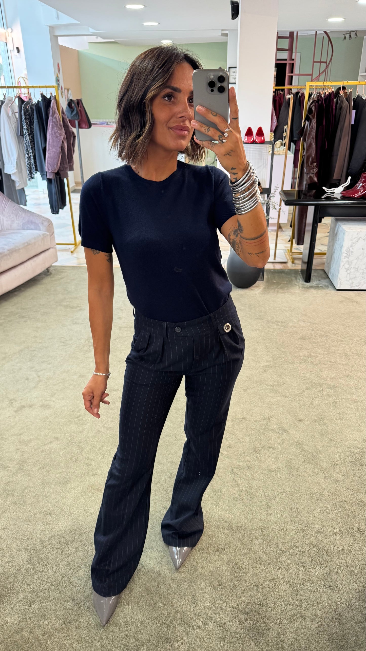 Pantaloni blu gessati a zampa fr
