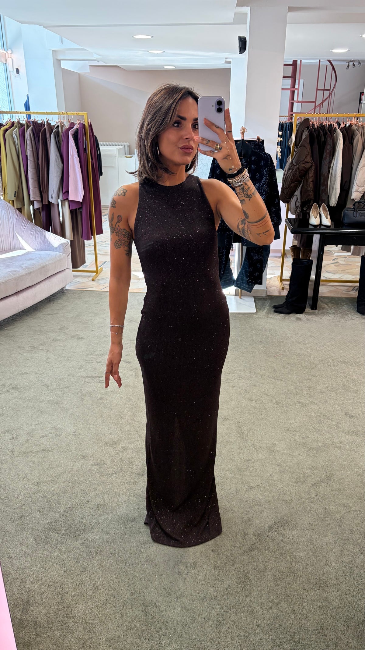 Abito lungo marrone lurex scollo all'americana ks