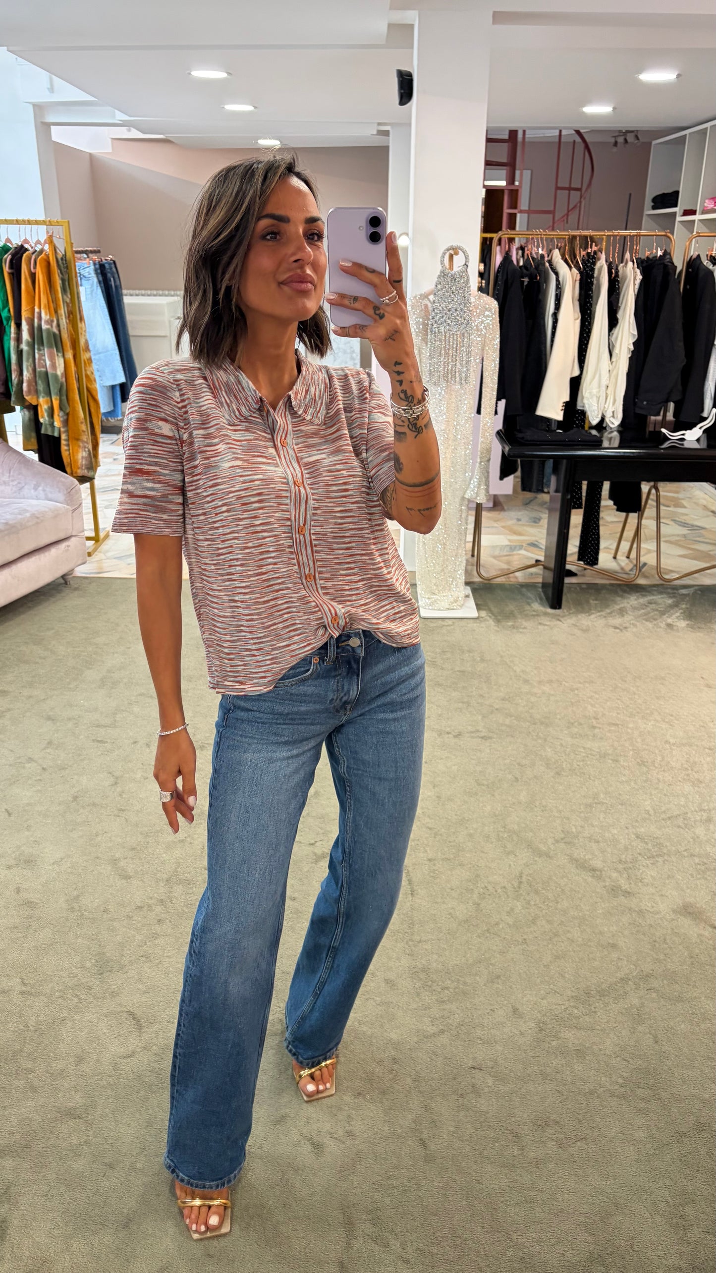 Polo camicia a righe multicolor con bottoncini apribili manica corta ay