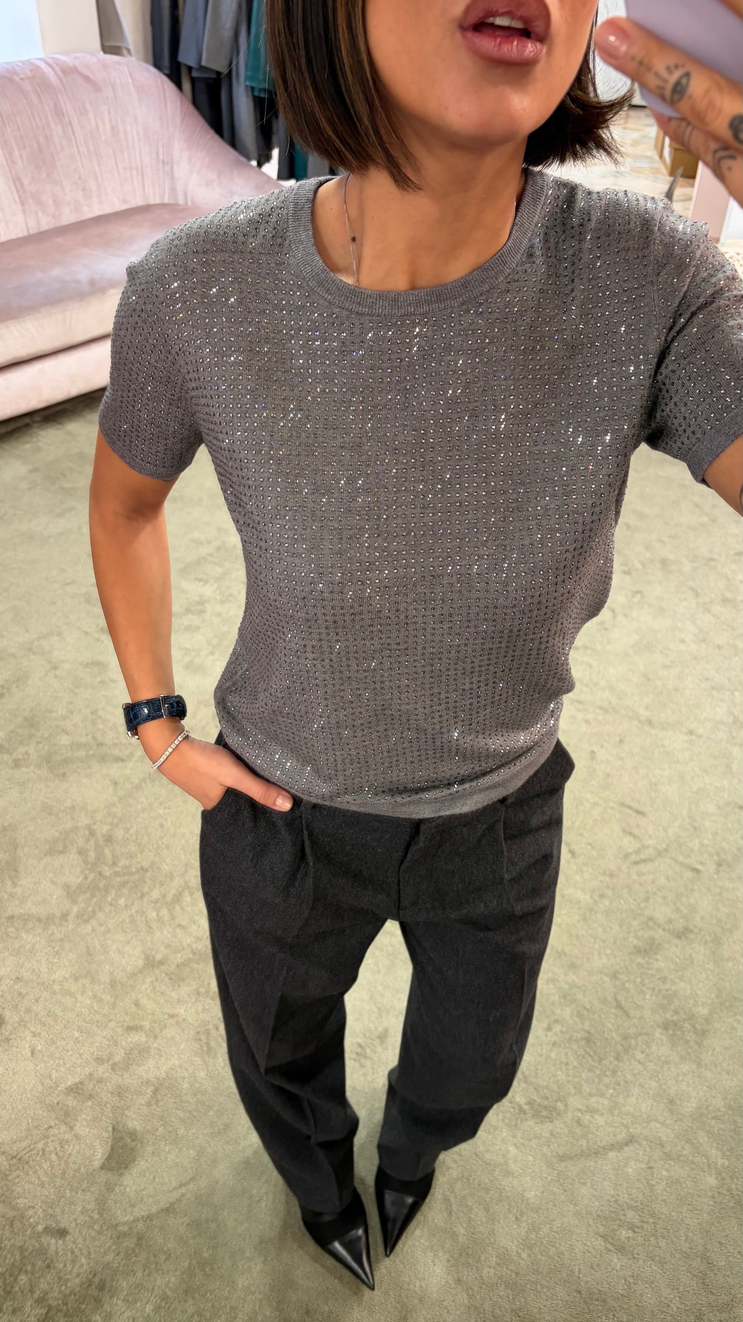 Maglia t-shirt grigia manica corta con cristalli fr