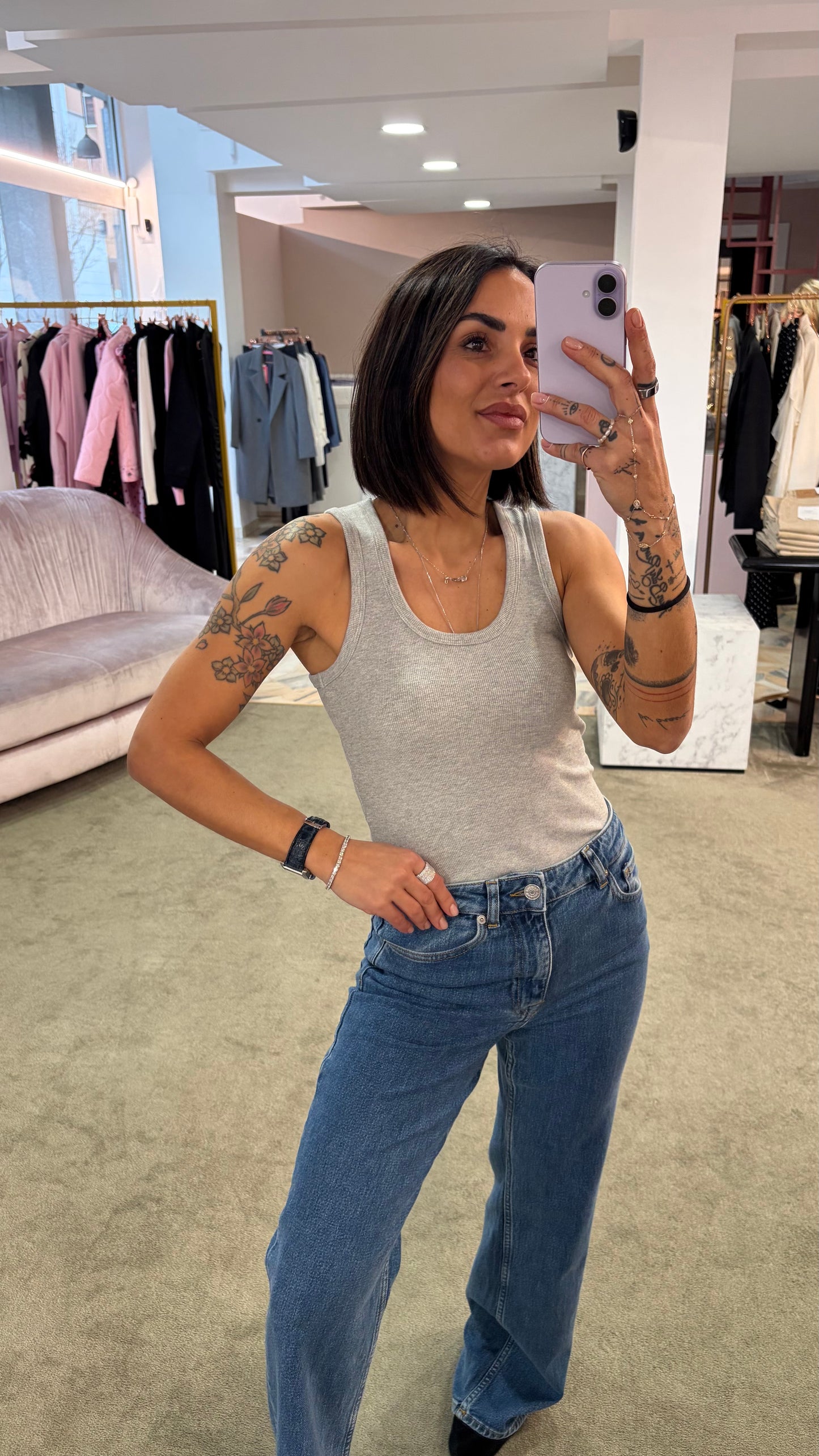 Canotta grigia melange a costine scollo tondo jx