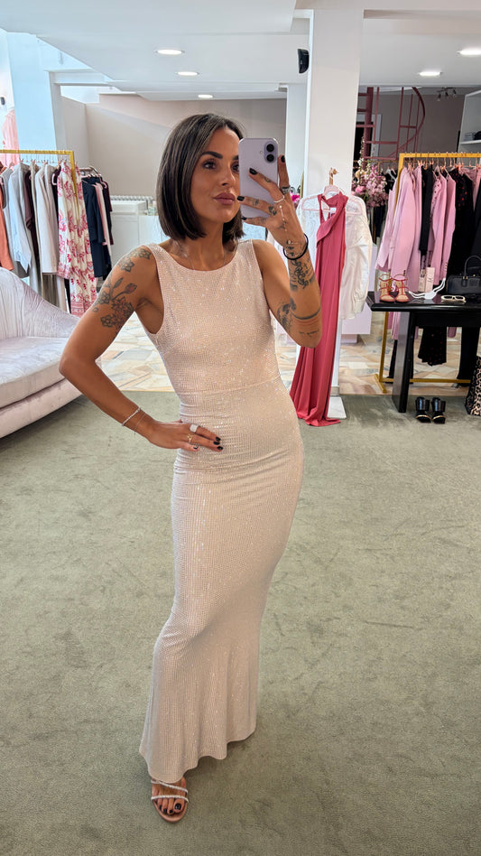 Abito lungo crystal  helios nude  scollo all'americana tw