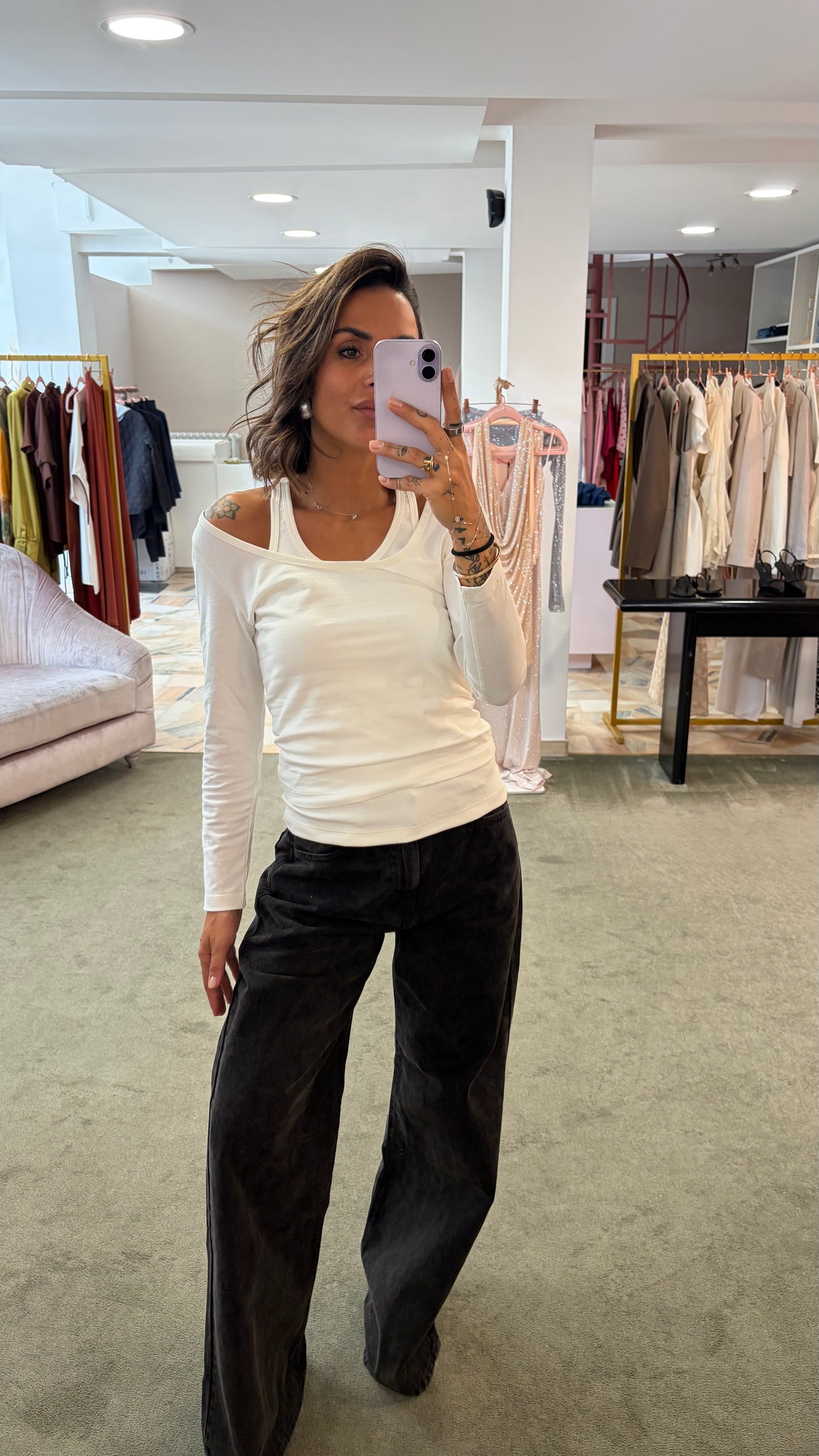 T-shirt bianca manica lunga con canotta incorporata Icon Denim
