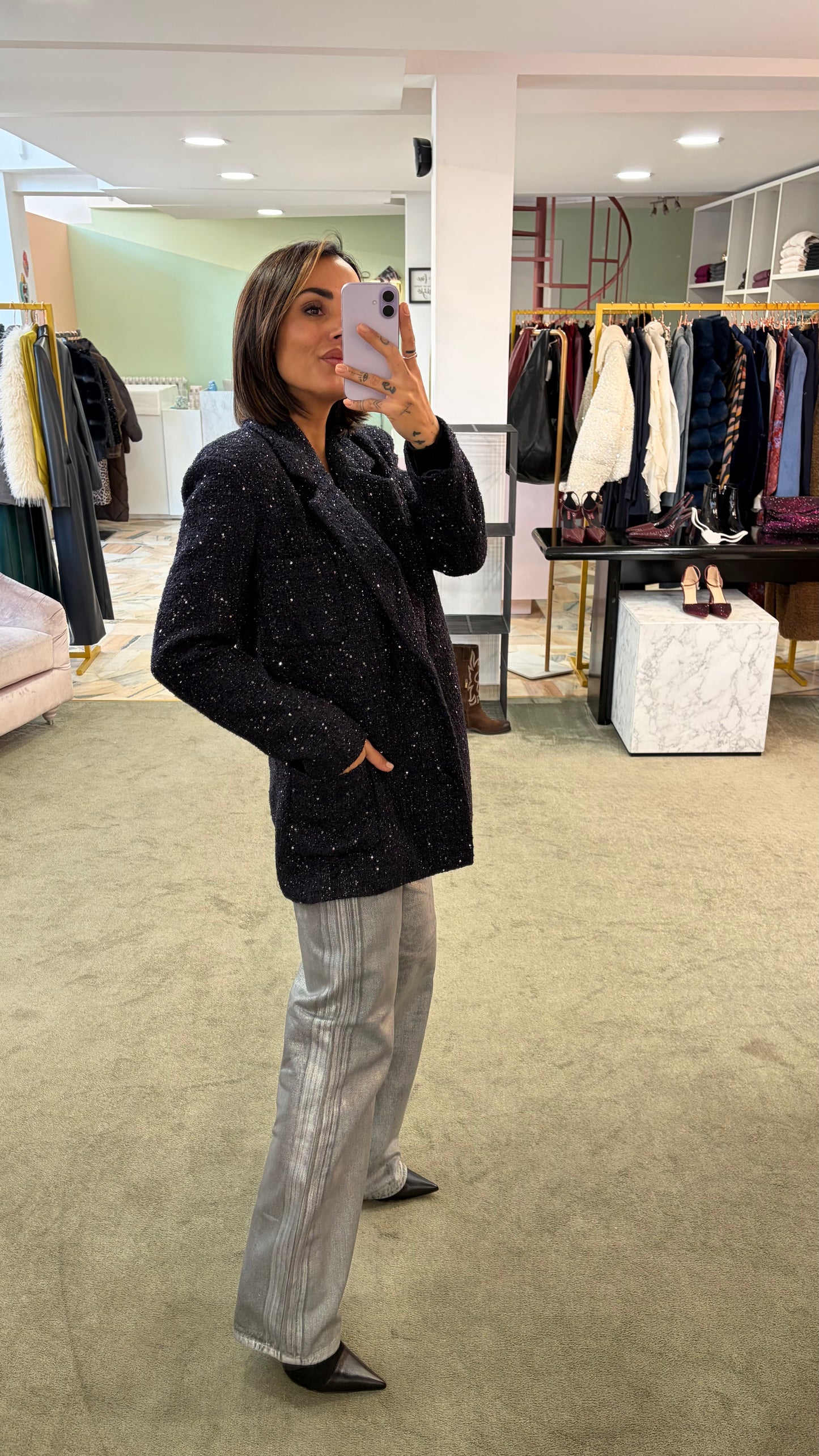 Blazer blu notte oversize in bouclè tw