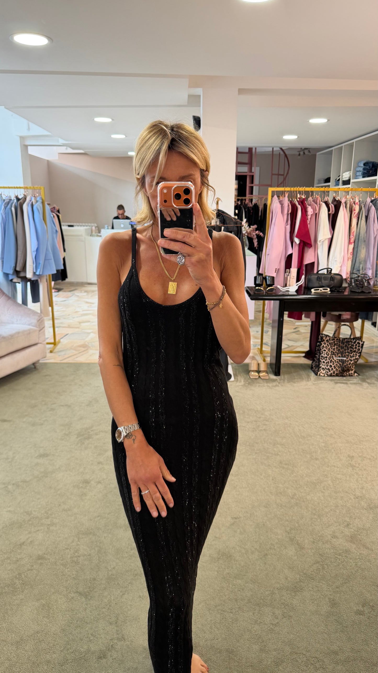 Abito midi nero in maglia con trecce crystal fr