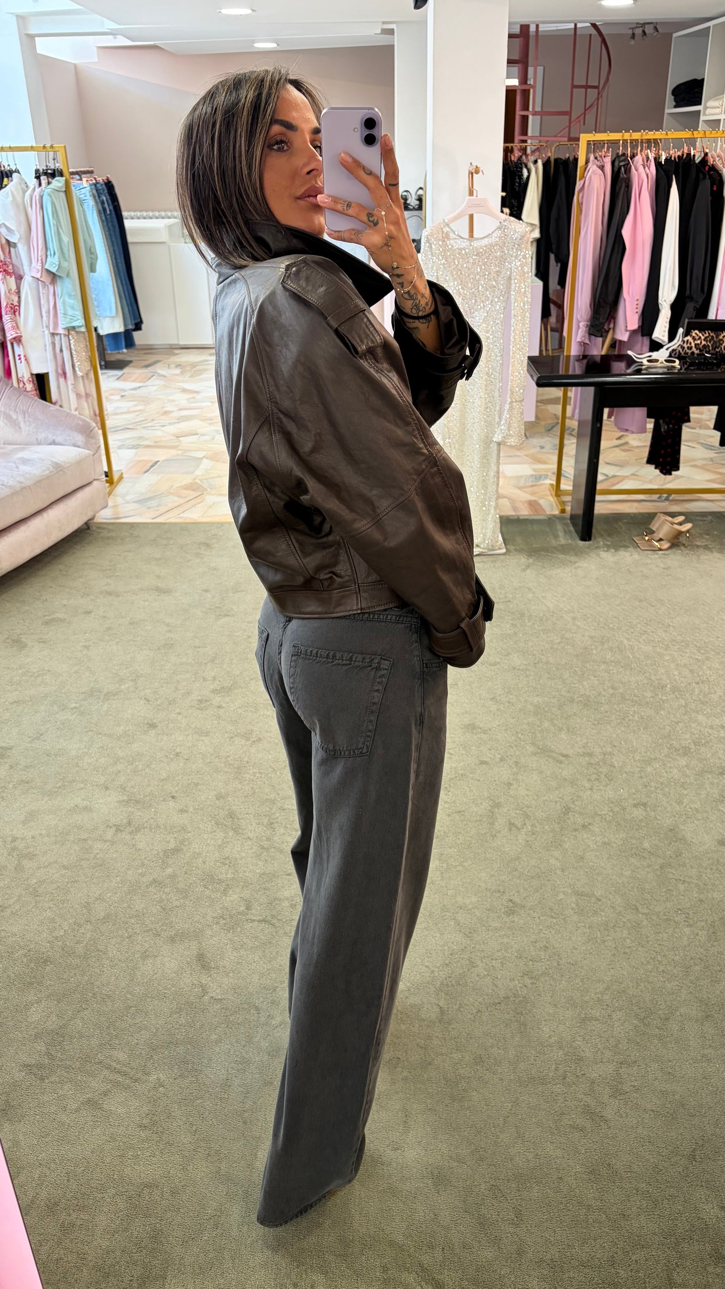 Giacca chiodo crop marrone in pelle vera Marsem