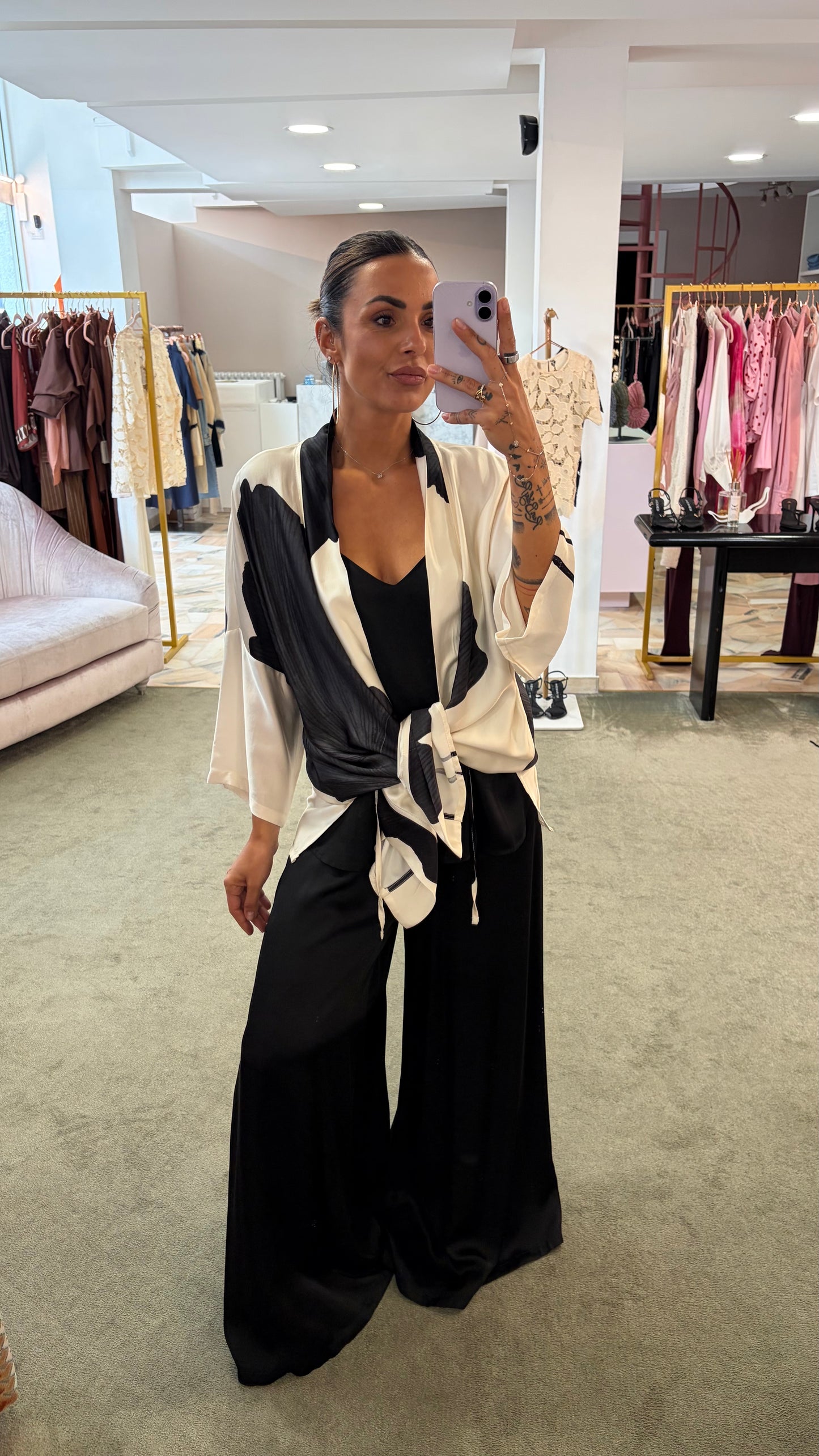 Kimono panna fantasia foglie nere ay