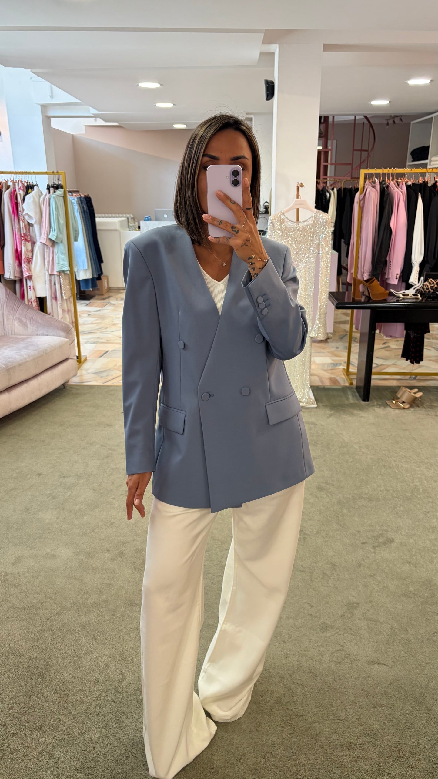 Blazer celeste doppiopetto senza rever Marsem