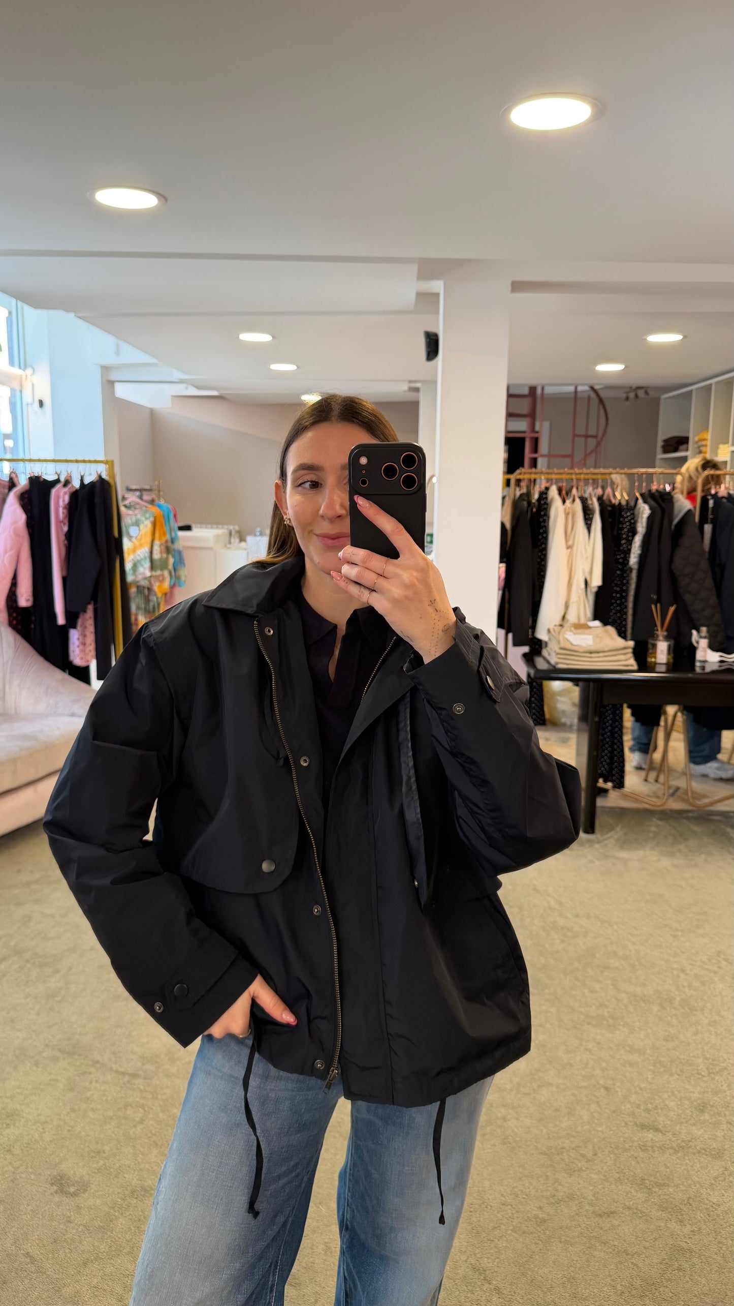 Trench blu notte corto con cappuccio sy