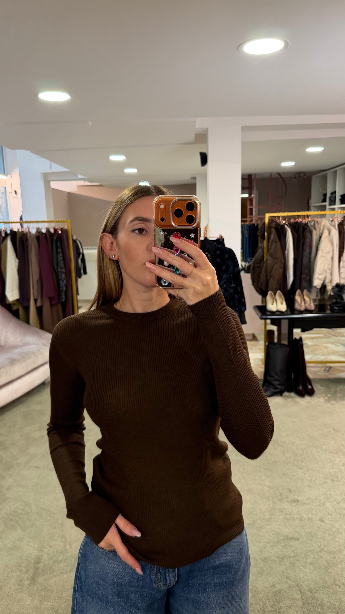 Maglione girocollo marrone testa di moro a costine tk
