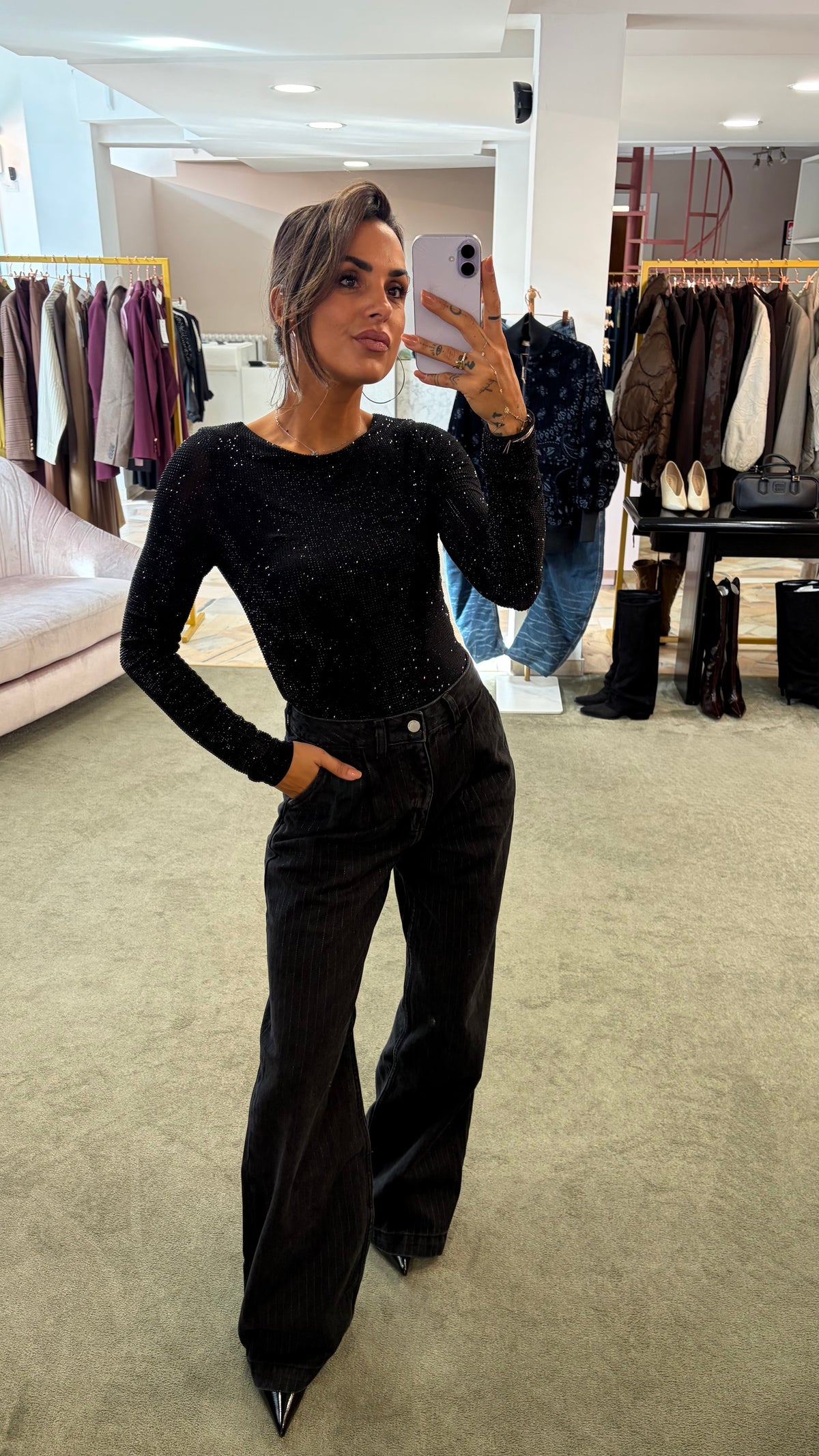 Body nero con cristalli maniche lunghe tw