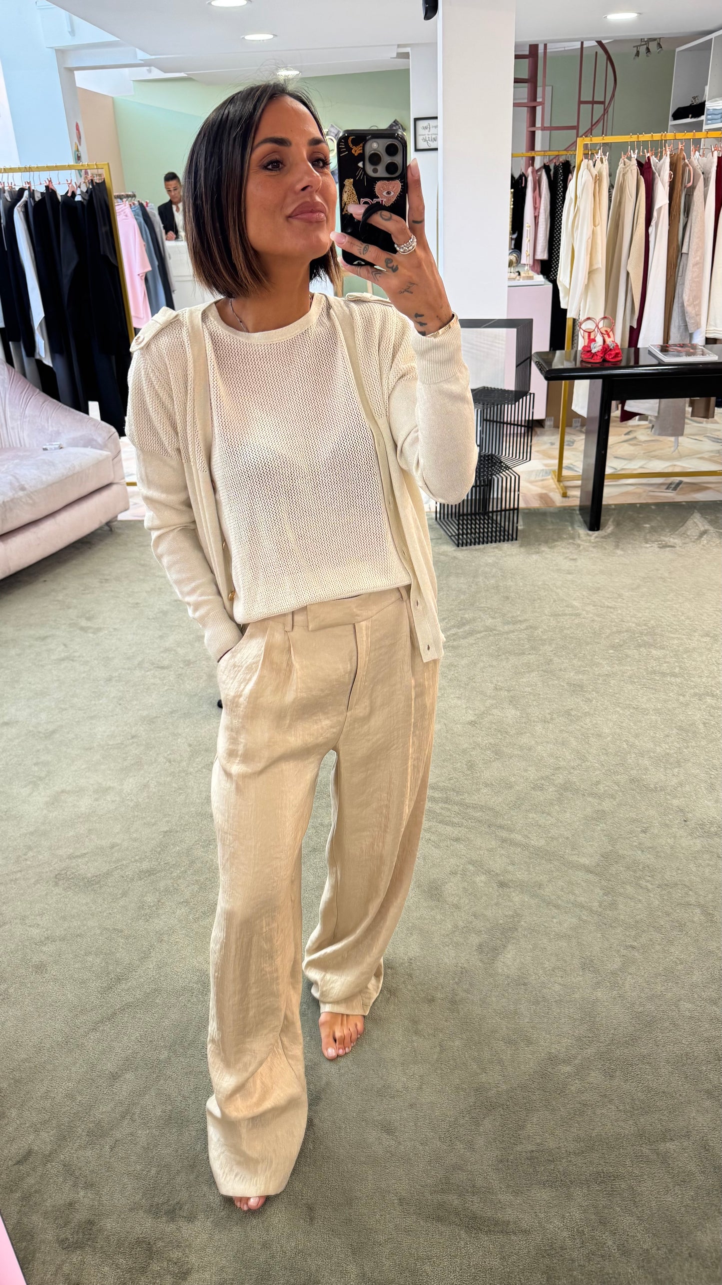 Pantaloni beige lurex a palazzo con pences Actualee