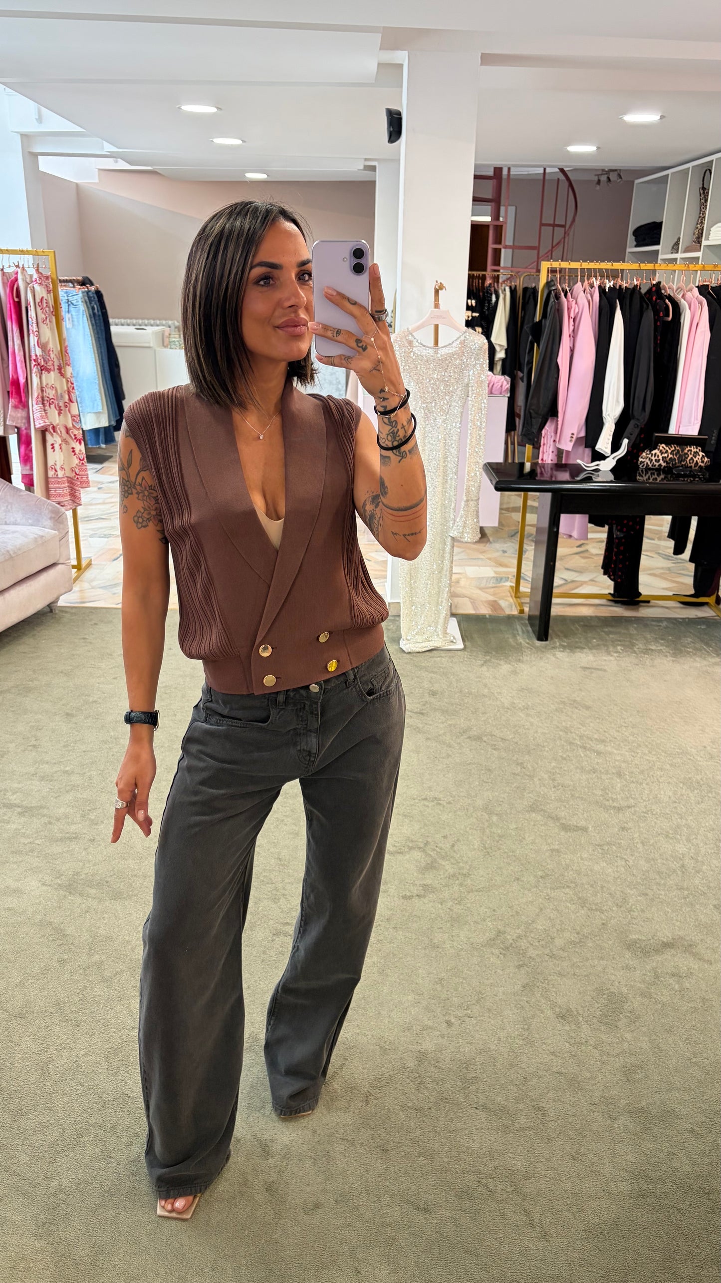 Gilet cacao in maglia con bottoni oro fr