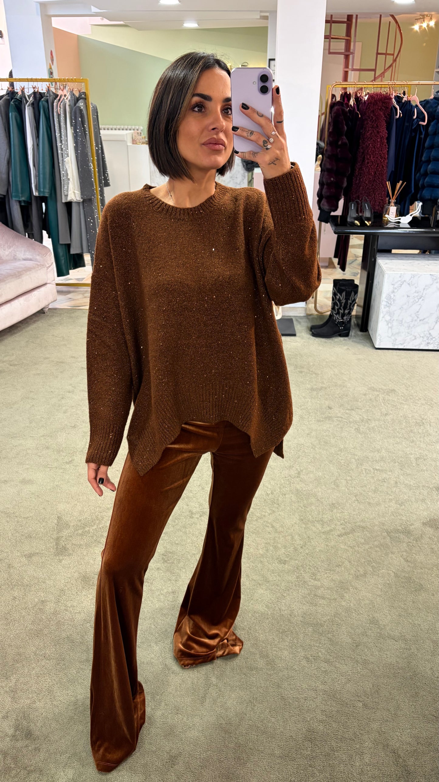 Maglione over marrone con micropaillettes bj
