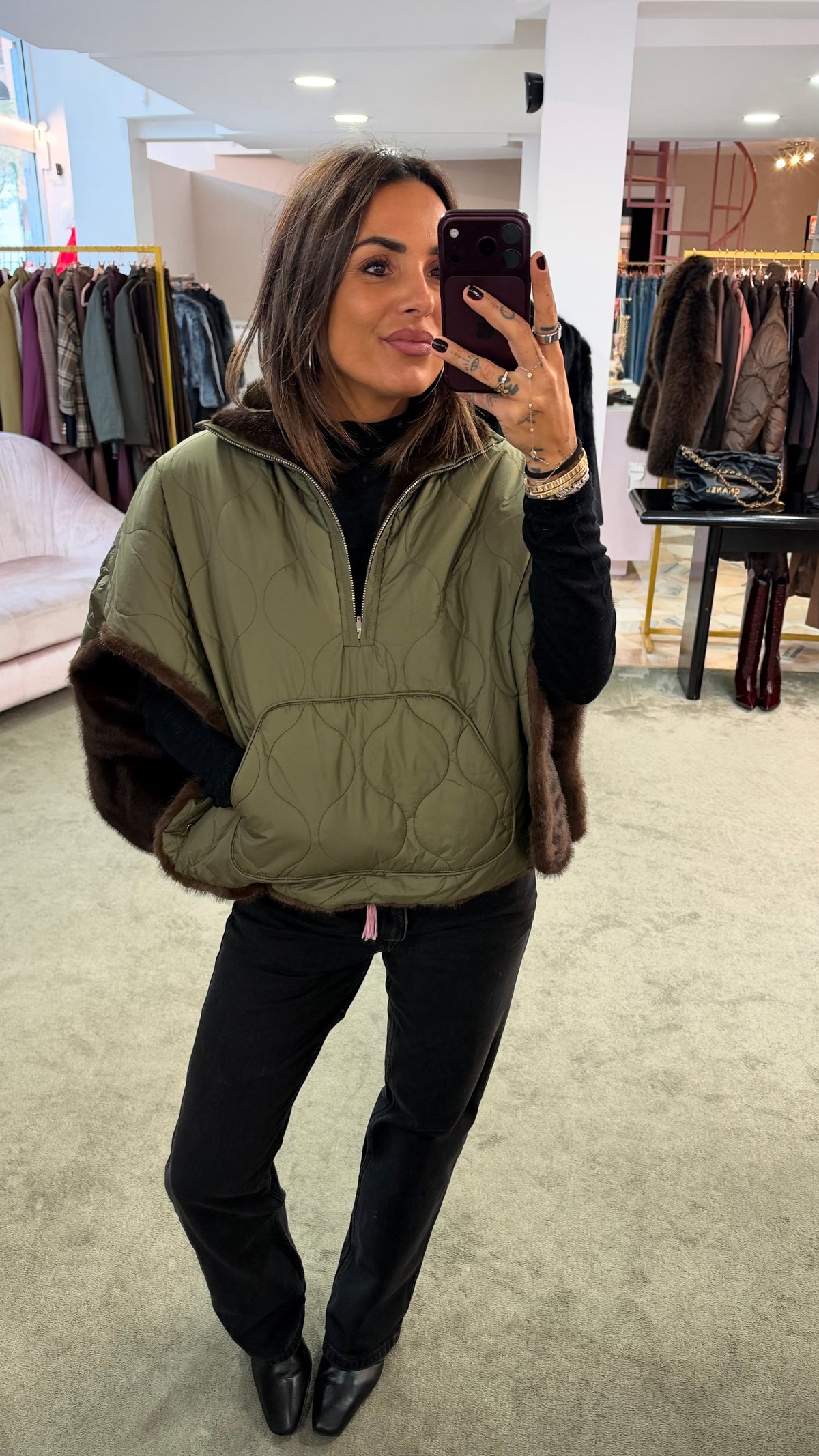 Cappa verde militare reversibile con eco pelliccia marrone sp